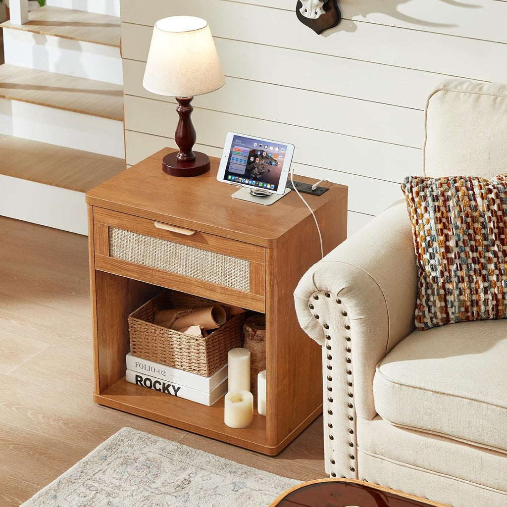 LEYAOYAO Rattan Nightstand with Charging Station, 23" Wide Boho Night Stand with Drawer, Natural Wood Bedside Table Open Storage Cabinet, Bed Side End Tables Dresser for Bedroom, Living Room, Hallway