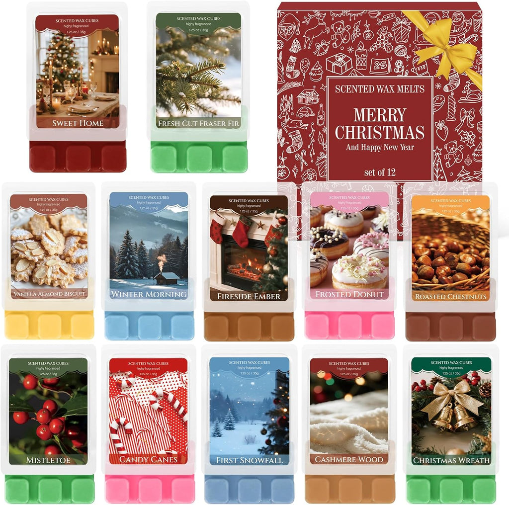 SCENTORINI Christmas Wax Melts, Soy Wax Melts for Wax Warmers Non-Toxic, 12-Pack Scented Wax Cubes Strong Scent, Long Lasting Fragrance Gifts for Christmas