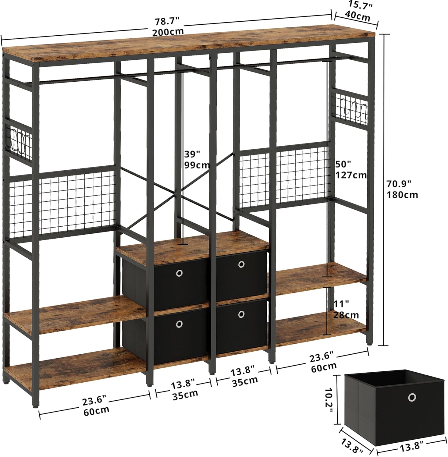 IRONCK Garment Racks with Shelves 4 Drawers and 8 Hooks Heavy Duty Closet Organizer for Hanging Clothes, Freestanding Closet Wardrobe Rack, Vintage Brown
