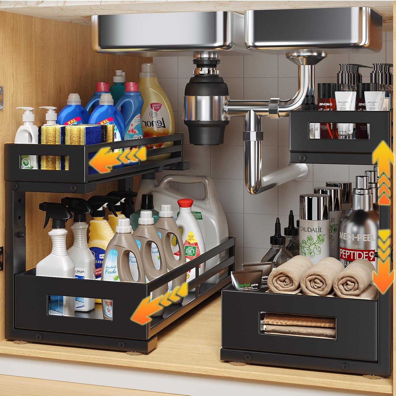 2-Pack 17"Deep Under Sink Organizer And Storage, 2-Tier L-Shaped Pull Out Cabinet Organizer with Upgraded Slide Rails, Height Adjustable Drawers for Kitchen&Bathroom, Extra-Large Storage Shelves–Black