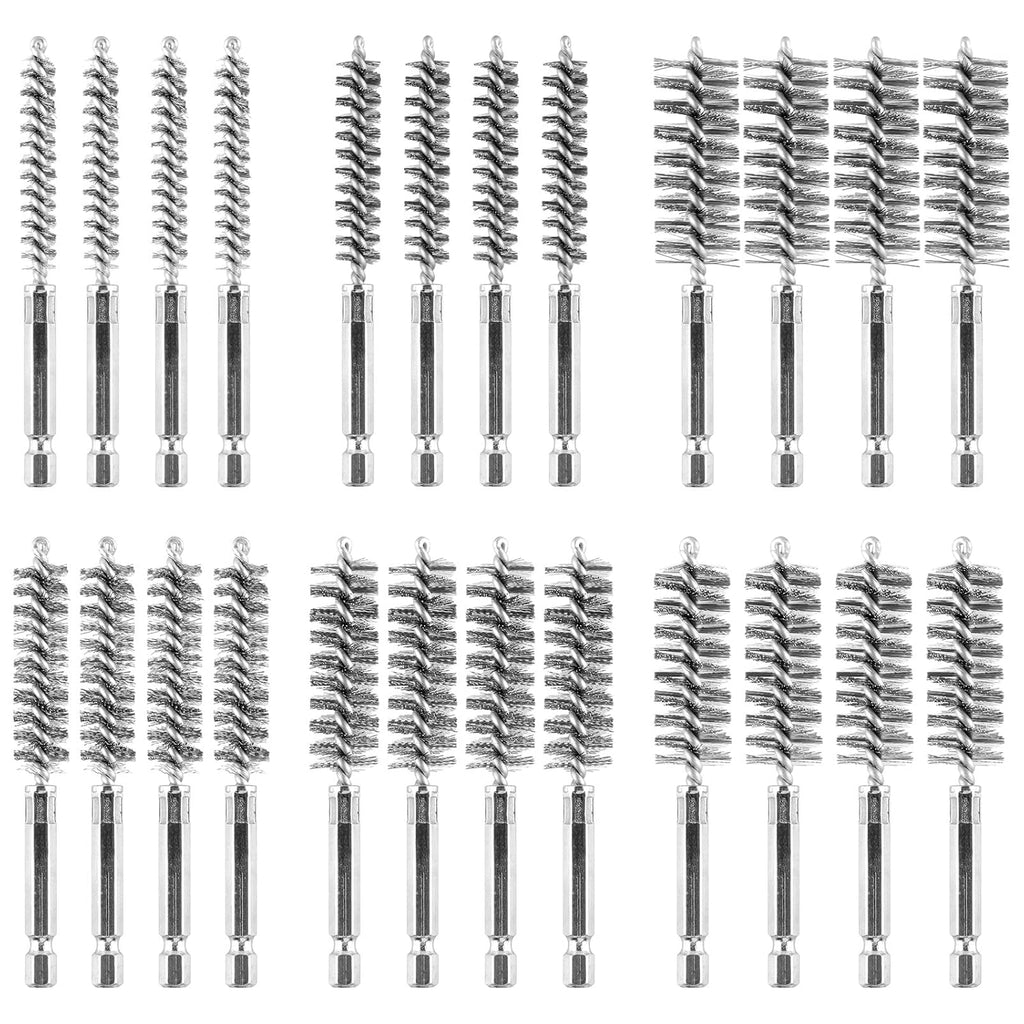 24 pcs Bore Brush for Drill, Stainless Steel Wire Cleaning Brush Set, Abrasive Wire Bore Brushes Set with 1/4 Inch Hex Shank for Rust, Cleaning Tubes (8/10/12/15/17/19MM)