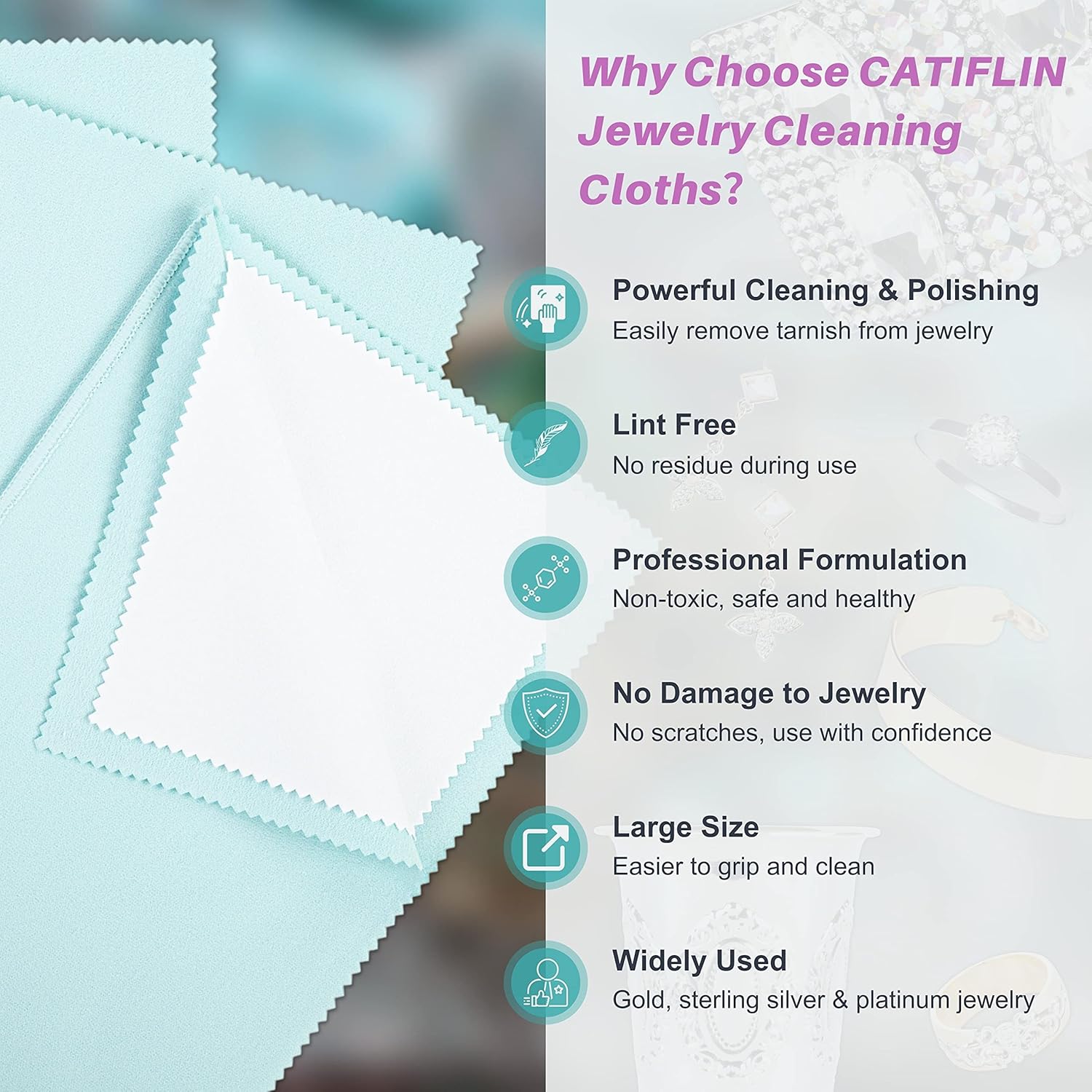 CATIFLIN 3PCS Sea Blue Silver Polishing Cloths, 10"x12" Jewelry Cleaning Cloths for Gold, Silver, Platinum, Watch, Coin, Tarnish Remover, Reusable & Streak for Jewelry Lovers