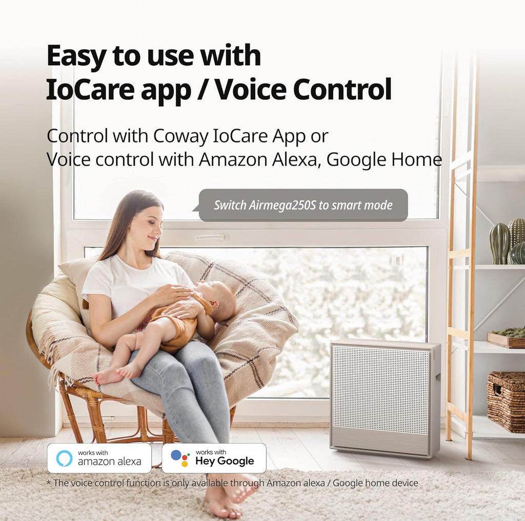 COWAY Air Purifiers for Home Large Room Up to 930 ft², Washable Pre-Filter and True HEPA Filter for Smoke, Allergies, Pet Dander, Odor, AQI, App Control, Smart & Rapid Mode, 3yr Warranty, 250S