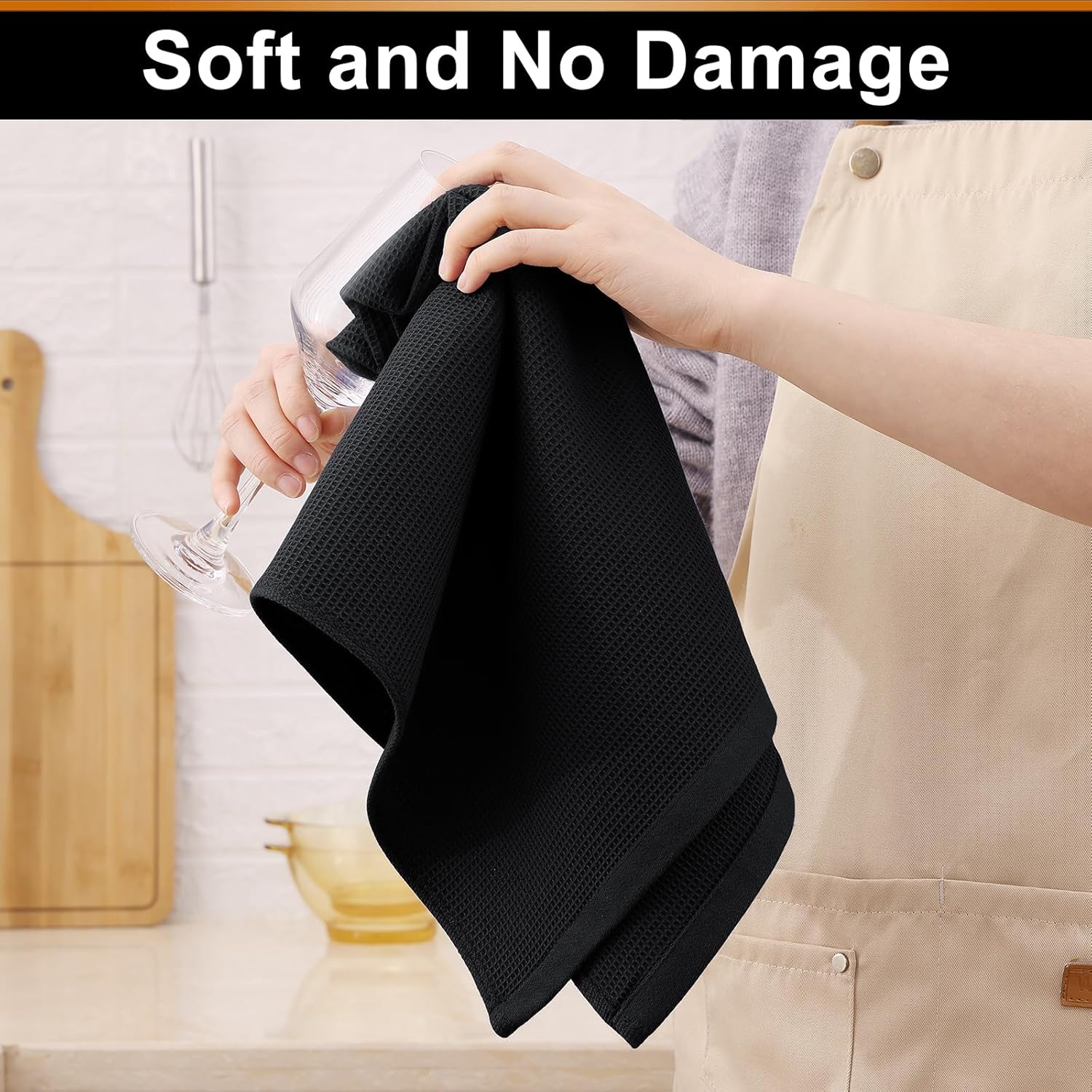 Homaxy 100% Cotton Waffle Weave Kitchen Towels - 6 Pack Soft and Absorbent Dish Towels - 16 x 26 Inches Quick Dry Hand Towels - Black