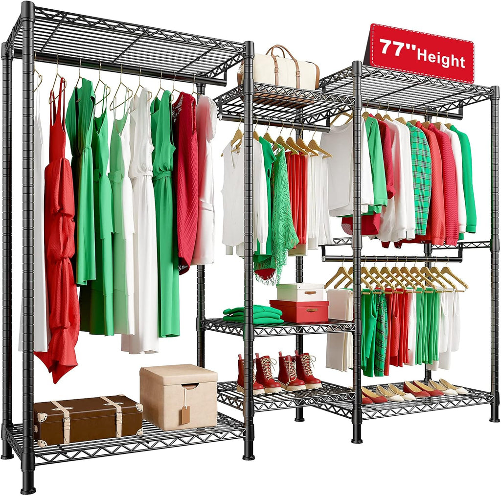 Raybee Clothes Rack, 725 LBS Clothing Rack Adjustable Clothing Racks for Hanging Clothes Metal Wire Garment Racks Sturdy Clothes Rack, 77" H x 70.5" W x 13.8" D, Black
