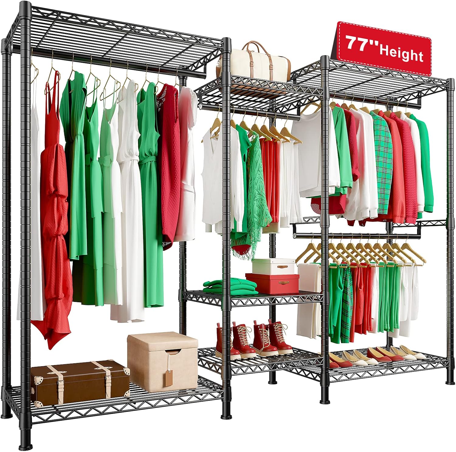 Raybee Clothes Rack, 725 LBS Clothing Rack Adjustable Clothing Racks for Hanging Clothes Metal Wire Garment Racks Sturdy Clothes Rack, 77" H x 70.5" W x 13.8" D, Black