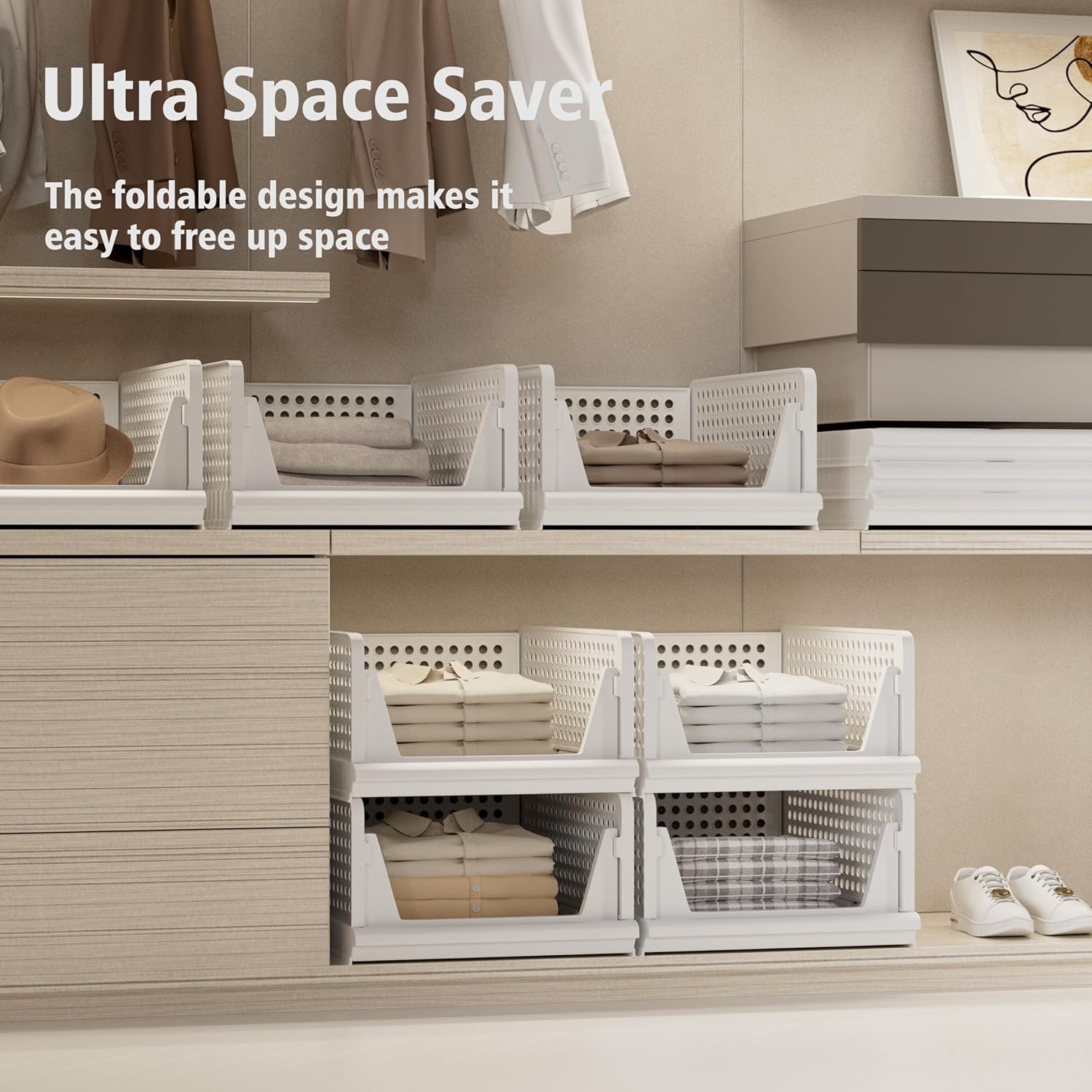 Proarea 5 Pack Stackable Plastic Storage Basket Closet Organizer Bin Foldable Clothes Organizer Storage Drawer Shelf Container for Living room Bathroom Kitchen Office (2L+3S)