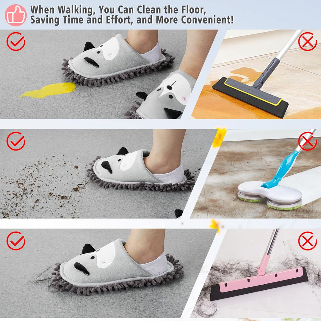 Cartoon Dog Mop Slippers Microfiber Clean Dusting Slippers Detachable Mopping Shoes for Office Home Room (Gray)