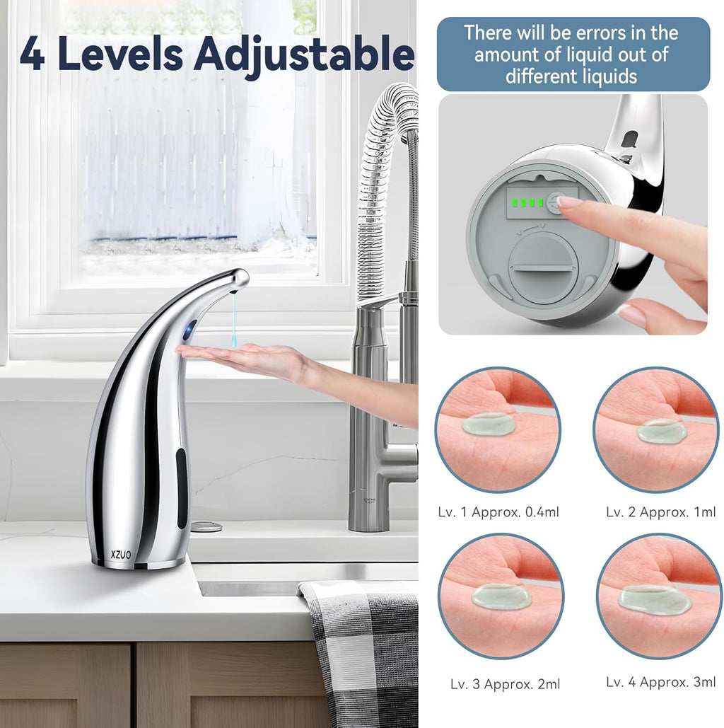 Automatic Soap Dispenser with Infrared Sensor - Adjustable 4-Level Touchless Hand Soap for Kitchen, Bathroom - Battery Operated Electric Dispenser, Durable Plastic, Smart Soap Holder (Silver)