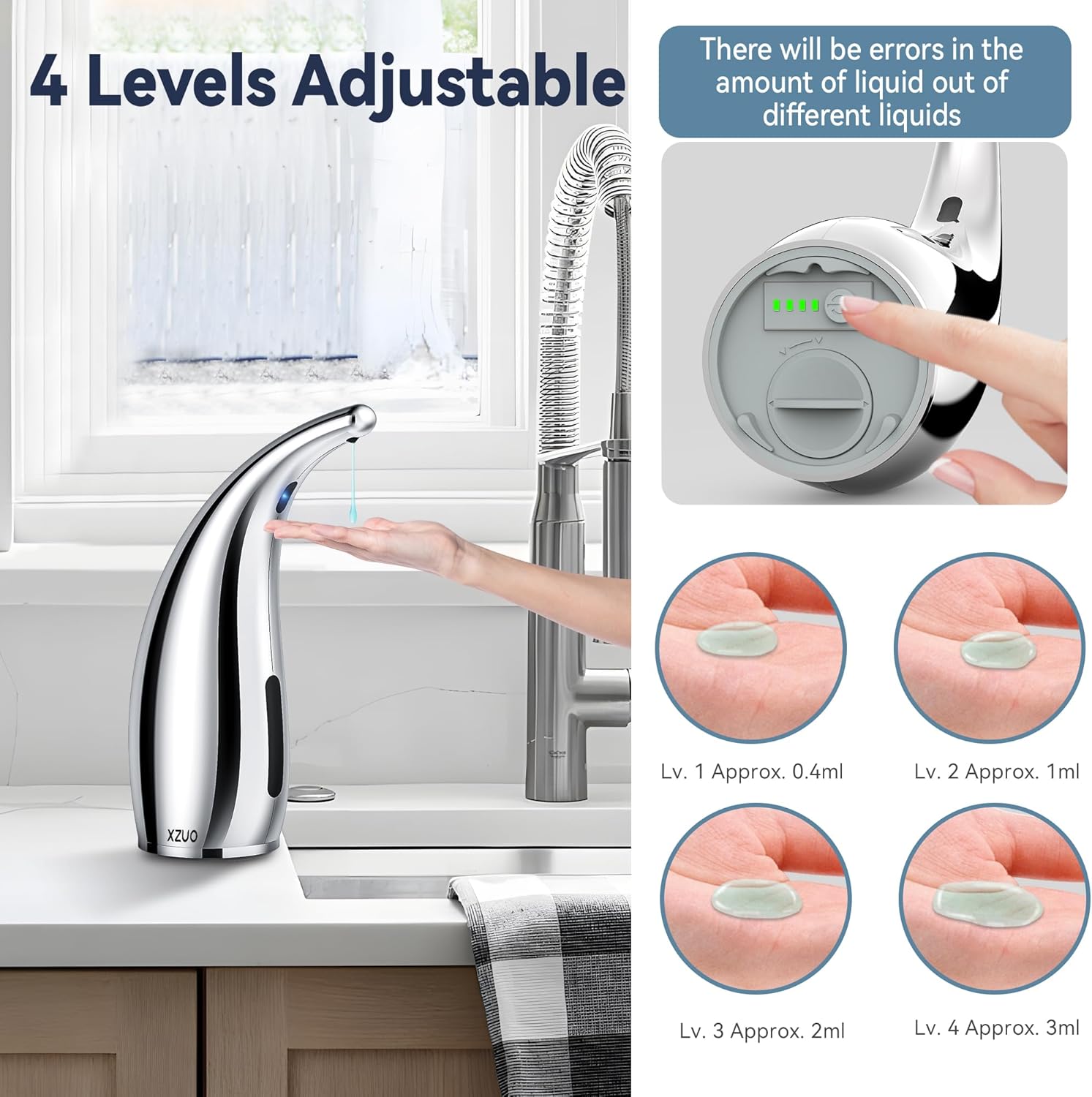 Automatic Soap Dispenser with Infrared Sensor - Adjustable 4-Level Touchless Hand Soap for Kitchen, Bathroom - Battery Operated Electric Dispenser, Durable Plastic, Smart Soap Holder (Silver)