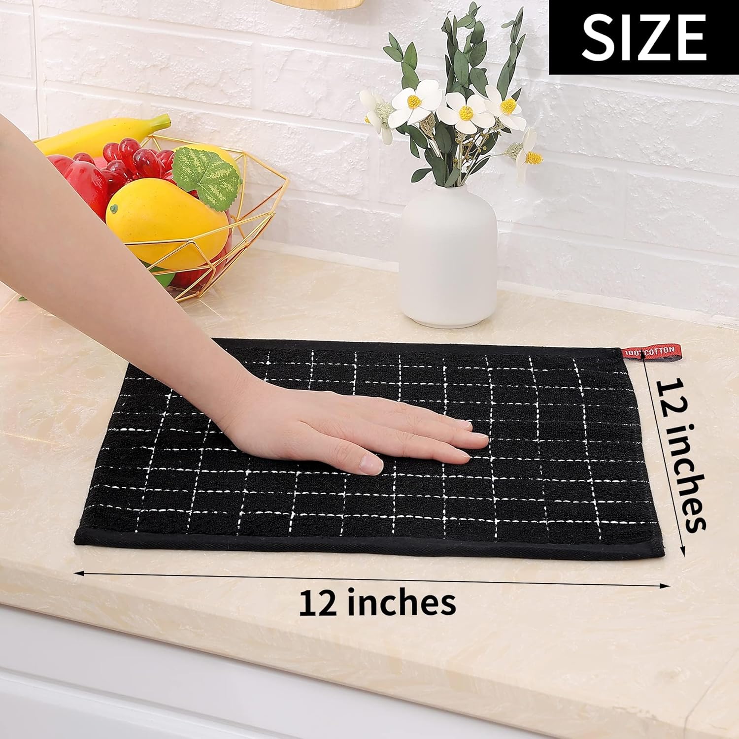 Homaxy 100% Cotton Terry Kitchen Dish Cloths, Ultra Soft and Absorbent Dish Towels for Kitchen, Suitable for Drying and Washing Dishes, 12 Pack, 12 x 12 Inches, Black