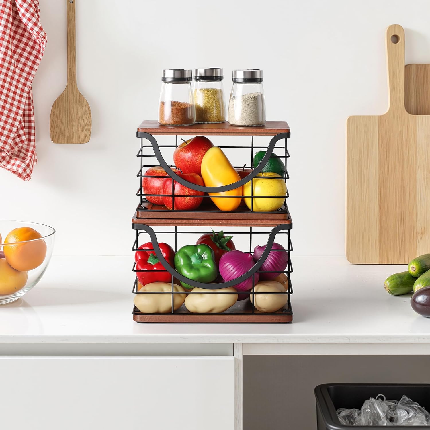 Extra Large Trash Bag Holder Stackable Kitchen Storage, 2 Pack Wall Mounted Pantry Organizers and Storage with Bamboo Top, Garbage Bag Dispenser Under Sink for Laundry Room and Kitchen