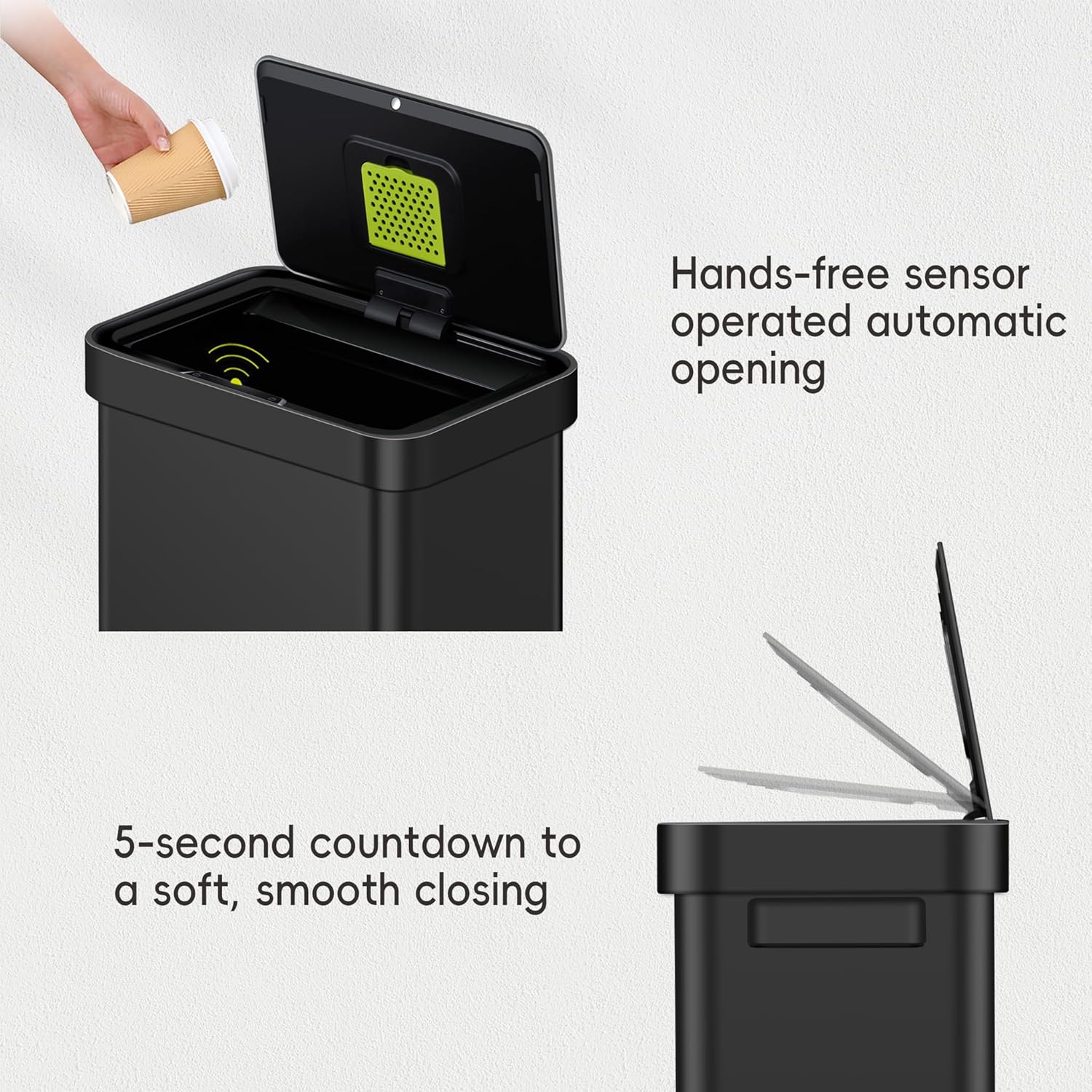 EKO Deluxe Mirage-T 50 Liter / 13.2 Gallon Touchless Rectangular Motion Sensor Trash Can, Matte Black Stainless Steel Finish