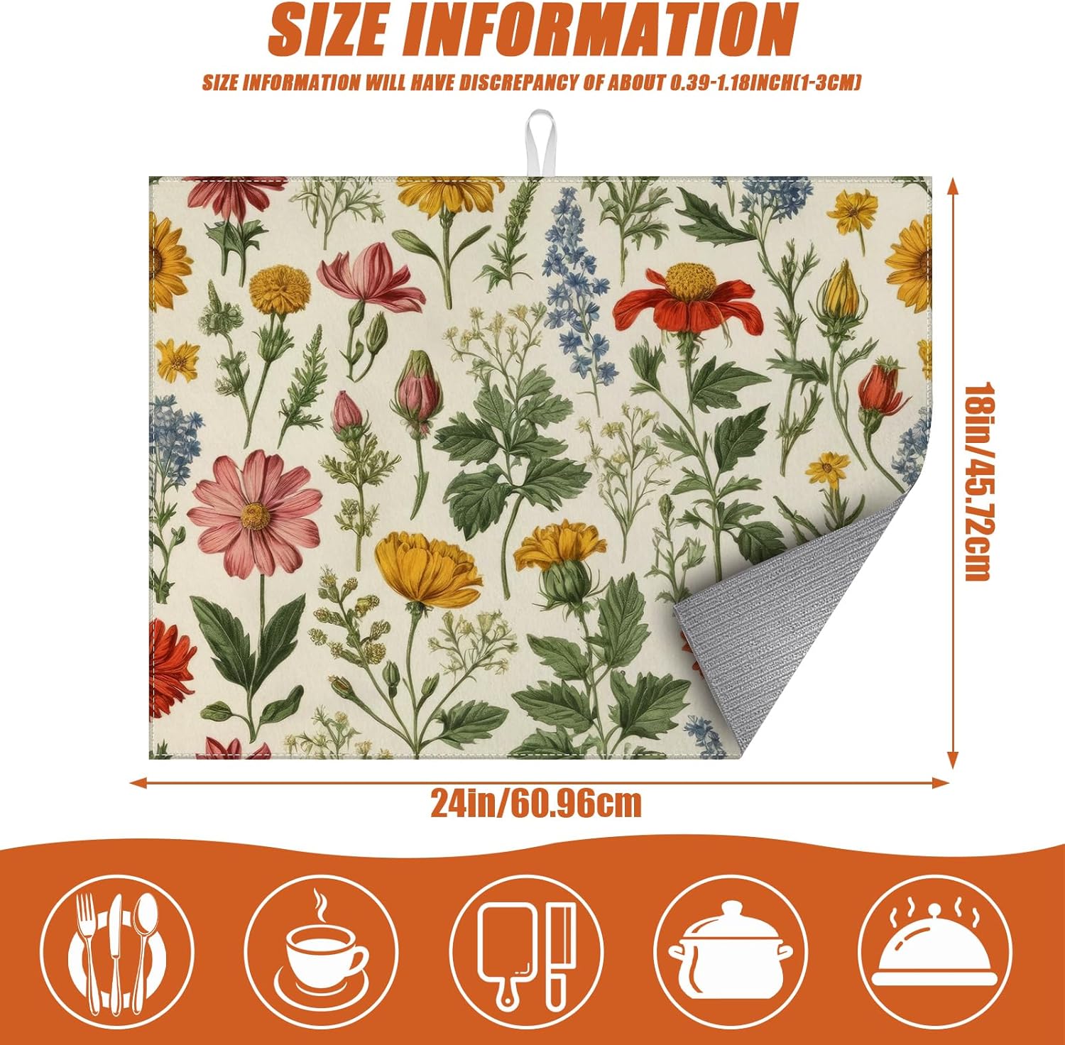 Spring Wild Flower Dish Drying Mat for Kitchen Counter Microfiber Absorbent Dish Kitchen Drying Mat Draining Reusable Washable for Dishes/Utensils/Counterto