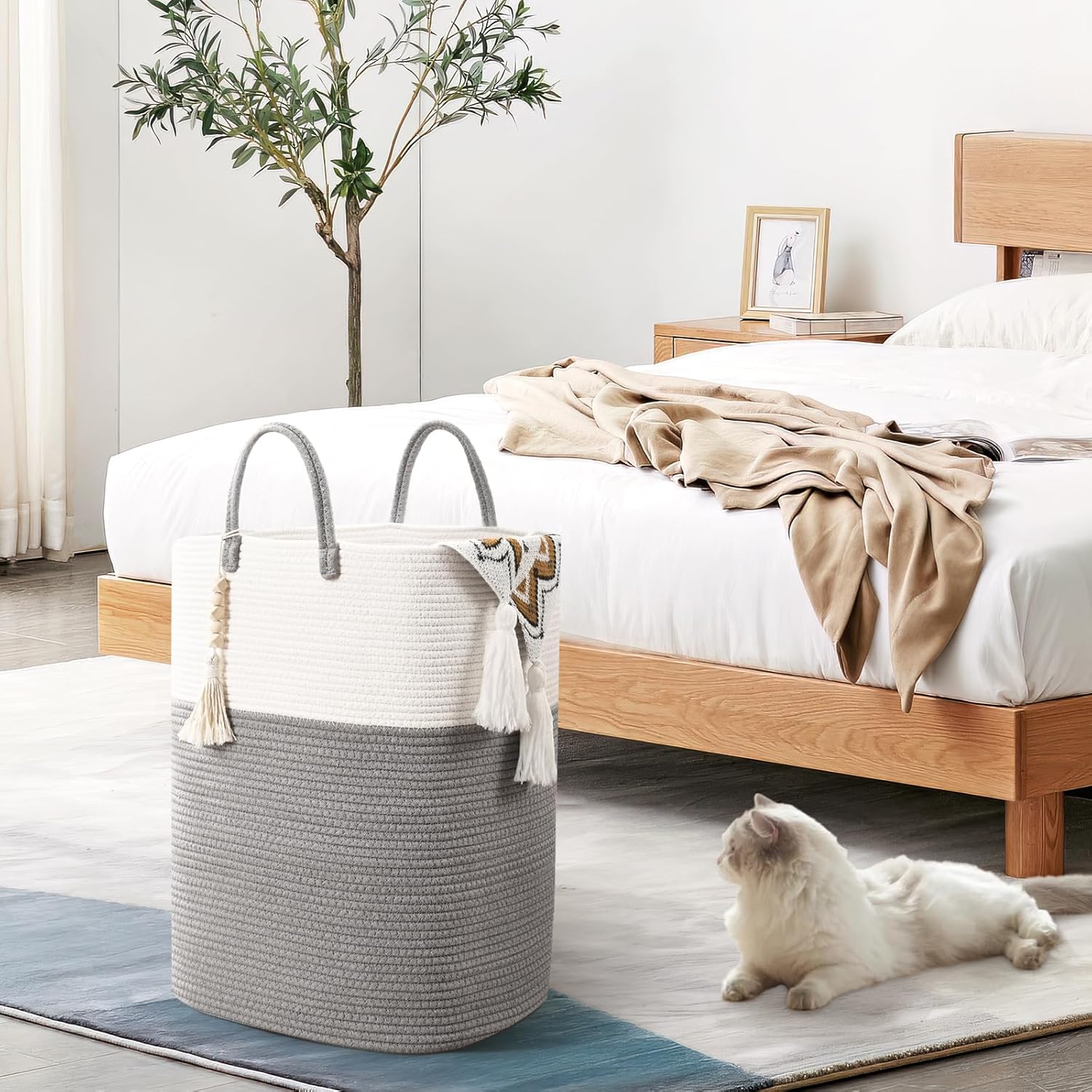 Woven Laundry Basket for Clothes, 50L Large Rectangle Laundry Hampers with Beads Tassel, Nursery Storage Basket for Toys, Tall Dirty Clothes Hamper for Bedroom Aesthetic, Laundry Room Organization