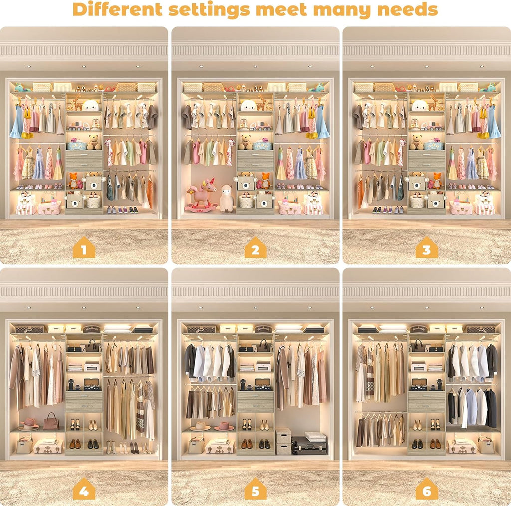 Closet System - 4.75-8FT Closet Organizer System with Wooden Drawers & Cube Storage Organizer, Up To 96" Closet Systems for Nursery & Walk-In Closets with Cuttable Hanging Shelving, Greige Oak