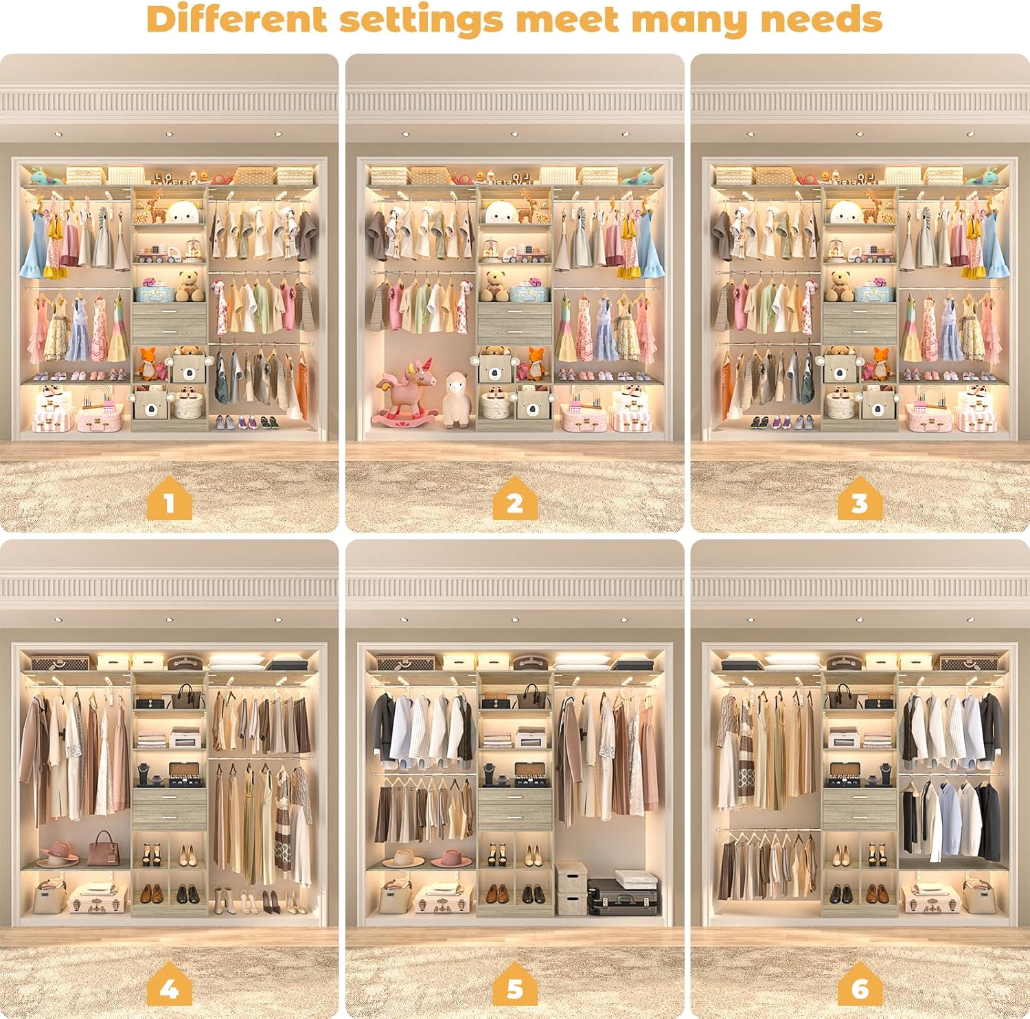 Closet System - 4.75-8FT Closet Organizer System with Wooden Drawers & Cube Storage Organizer, Up To 96" Closet Systems for Nursery & Walk-In Closets with Cuttable Hanging Shelving, Greige Oak