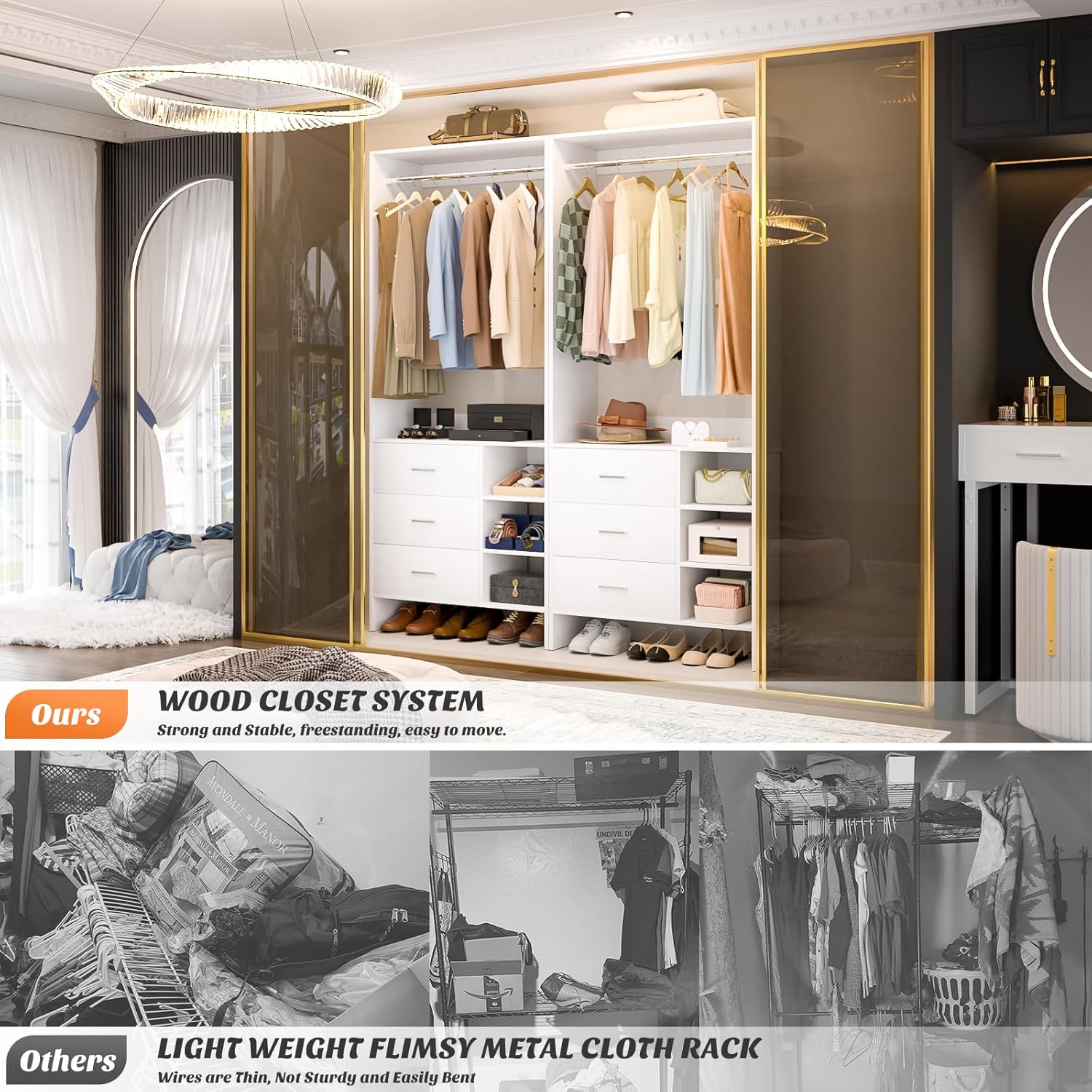 Aheaplus 2.5FT Closet System with 3 Drawers, 29.5’’ Closet Organizer, Wood Closet Organizer System, Walk-in Closet or Small Closets Wardrobe, Clothes Rack with Hanging Rods,-E6, White