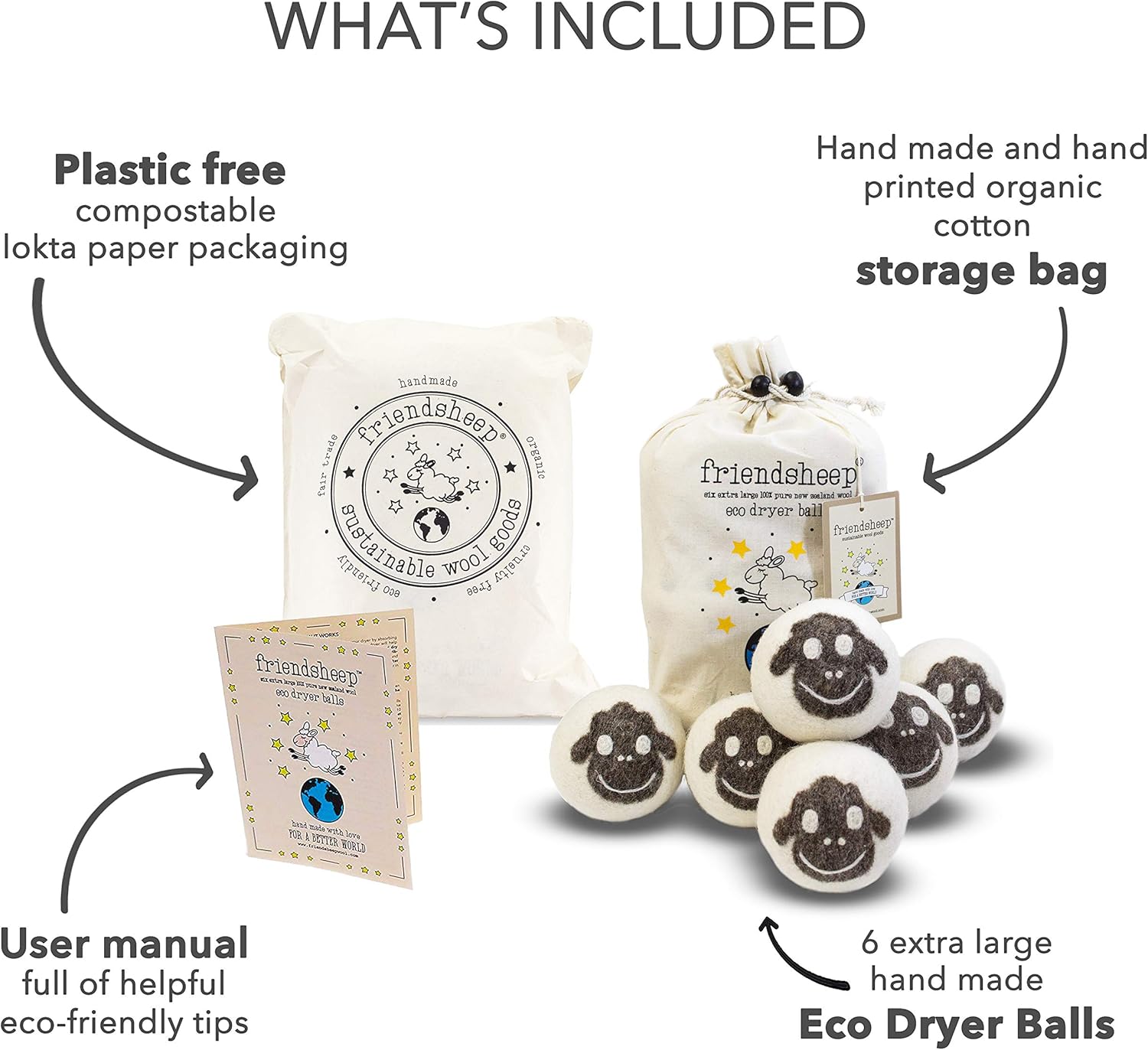 Wool Dryer Balls by Friendsheep 6 Pack XL Organic Premium Reusable Cruelty Free Handmade Fair Trade No Lint Fabric Softener Brown Sheep "Flock of Friends"