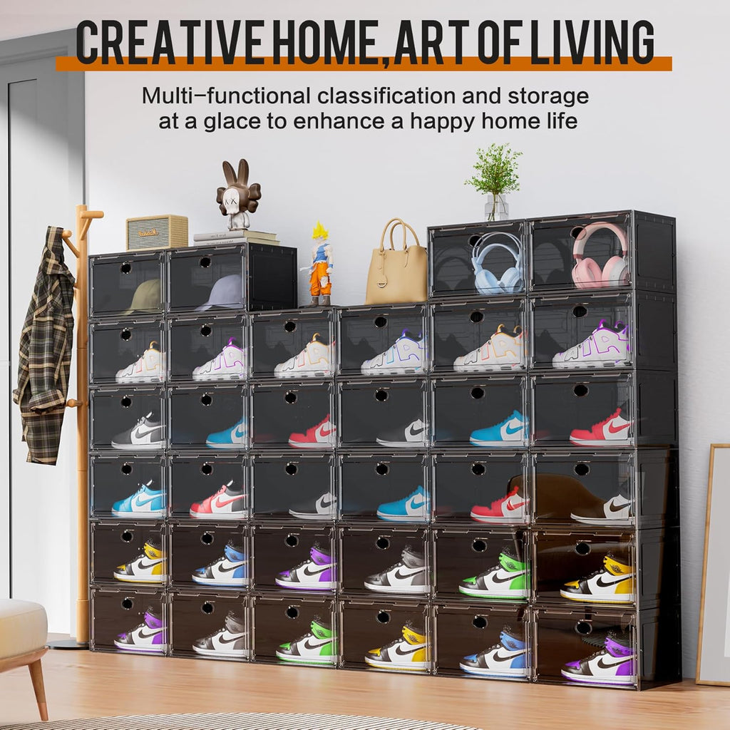 KEFA XL Shoe Storage Box Organizer, 8 Pack Shoe Boxes Clear Plastic Stackable, Sneaker Display Case Container Fit for US 13 (Side 8 PACK BLACK)
