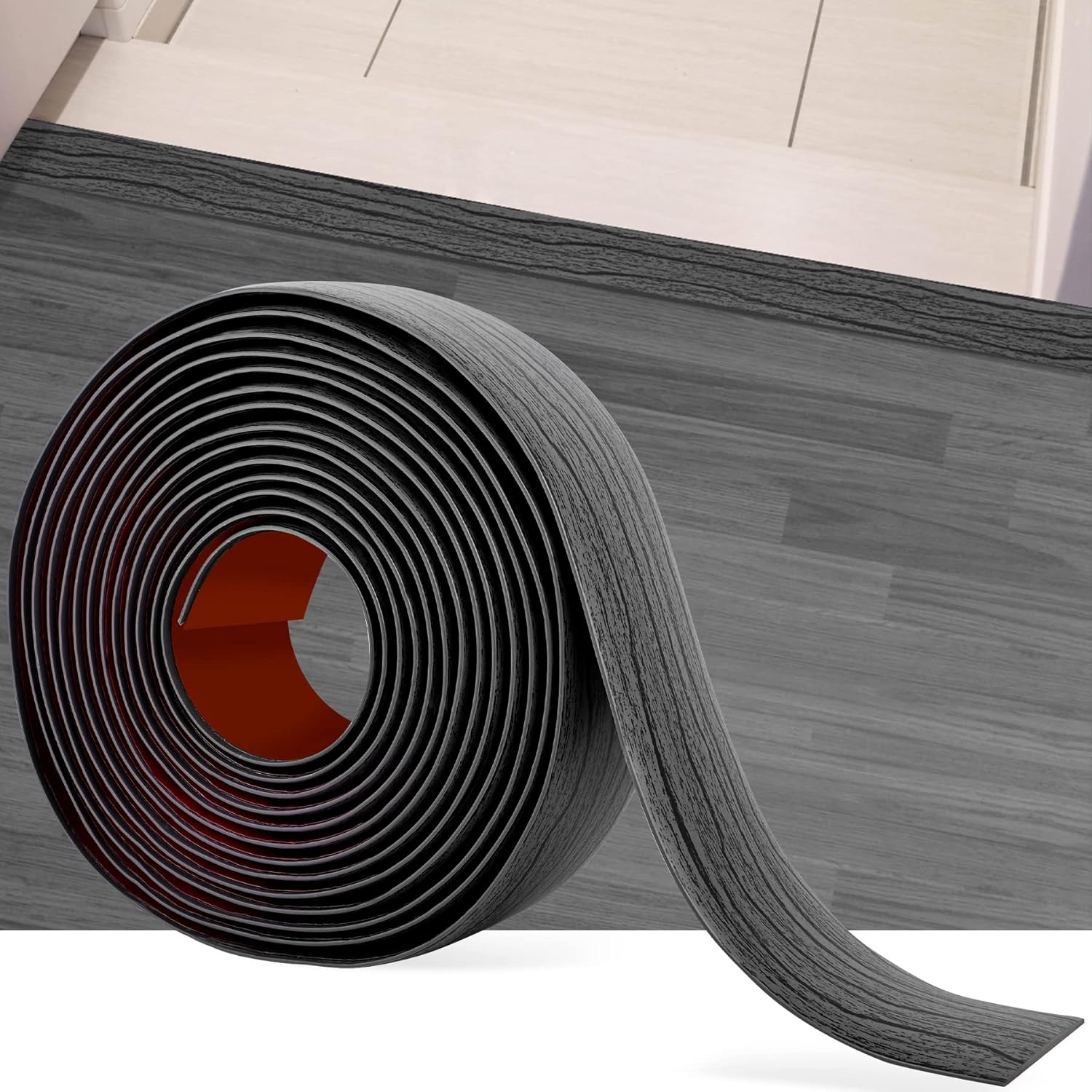 16.4Ft Floor Transition Strip Self Adhesive Vinyl Cover Floor Strip Flat Divider Transition Strip Wood Grain Design for Laminate Floor Gaps and Doorway Transitions (16.4Ft x 2 Inch, Gary)
