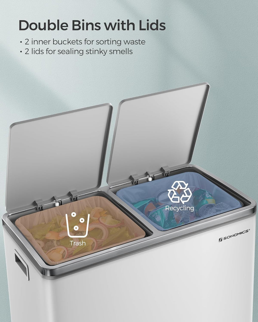 SONGMICS Trash Can, 2 x 8 Gallon (2 x 30 L) Garbage Can for Kitchen, with 15 Trash Bags, 2 Compartments, Plastic Inner Buckets and Hinged Lids, Airtight, White and Gray ULTB60WT