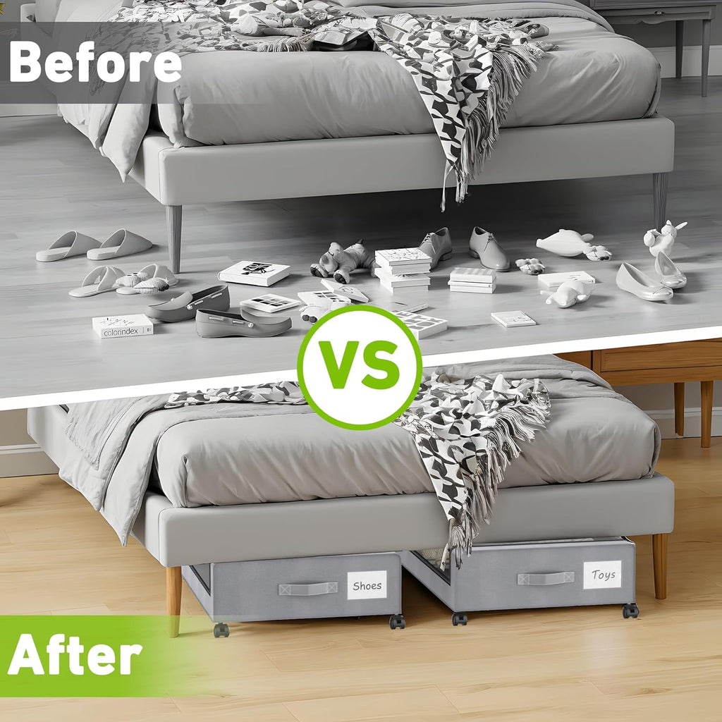 Under Bed Storage with Wheels, 2-Pack Under the Bed Storage Containers with Clear Lids & Label, Underbed Storage Bins, XXL 60L Rolling Metal Drawer for Clothes, Shoes, Toys, Books - Gray