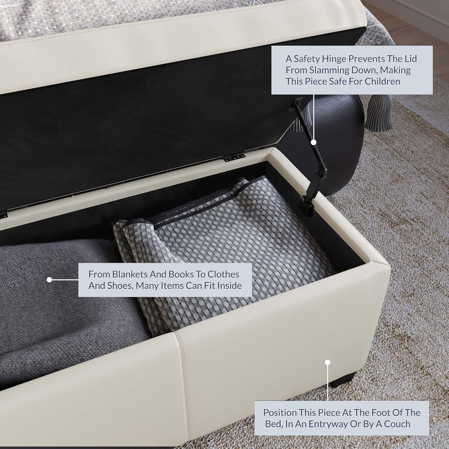 BELLEZE Storage Faux Leather Ottoman, 47 Inch Bench Bedroom Bench with Safety Close Hinge, Extra Long Ottoman with Storage for Living Room, Entryway, Foot Rest, Support 300lbs - Cream
