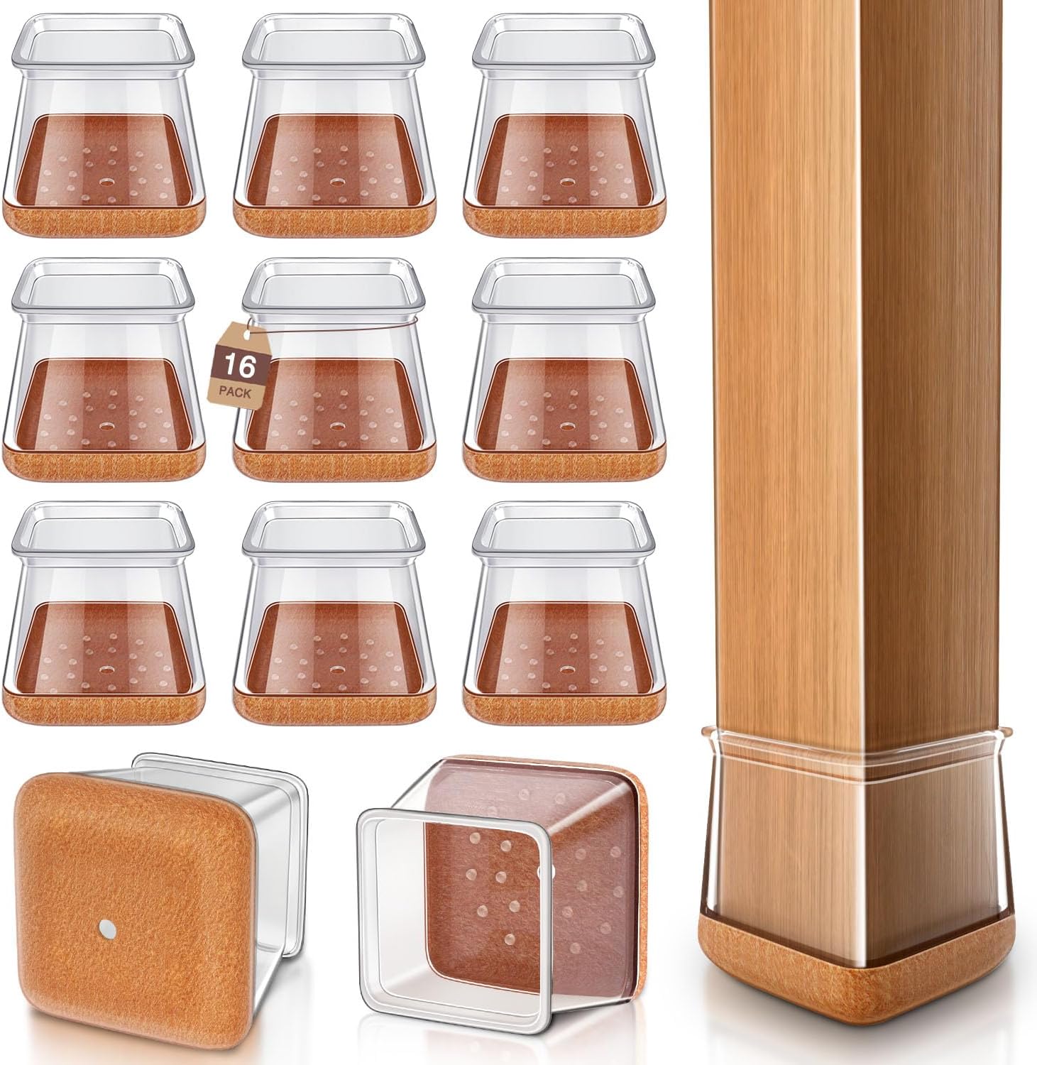 Chair Leg Floor Protectors Chair Leg Protectors for Hardwood Floors Silicone Caps Felt Strengthen Bottom Protection Anti-Scratch Reduce Noise 16 Pack Clear Square Fit:1-1/8" to 1-9/16" (27-40mm)