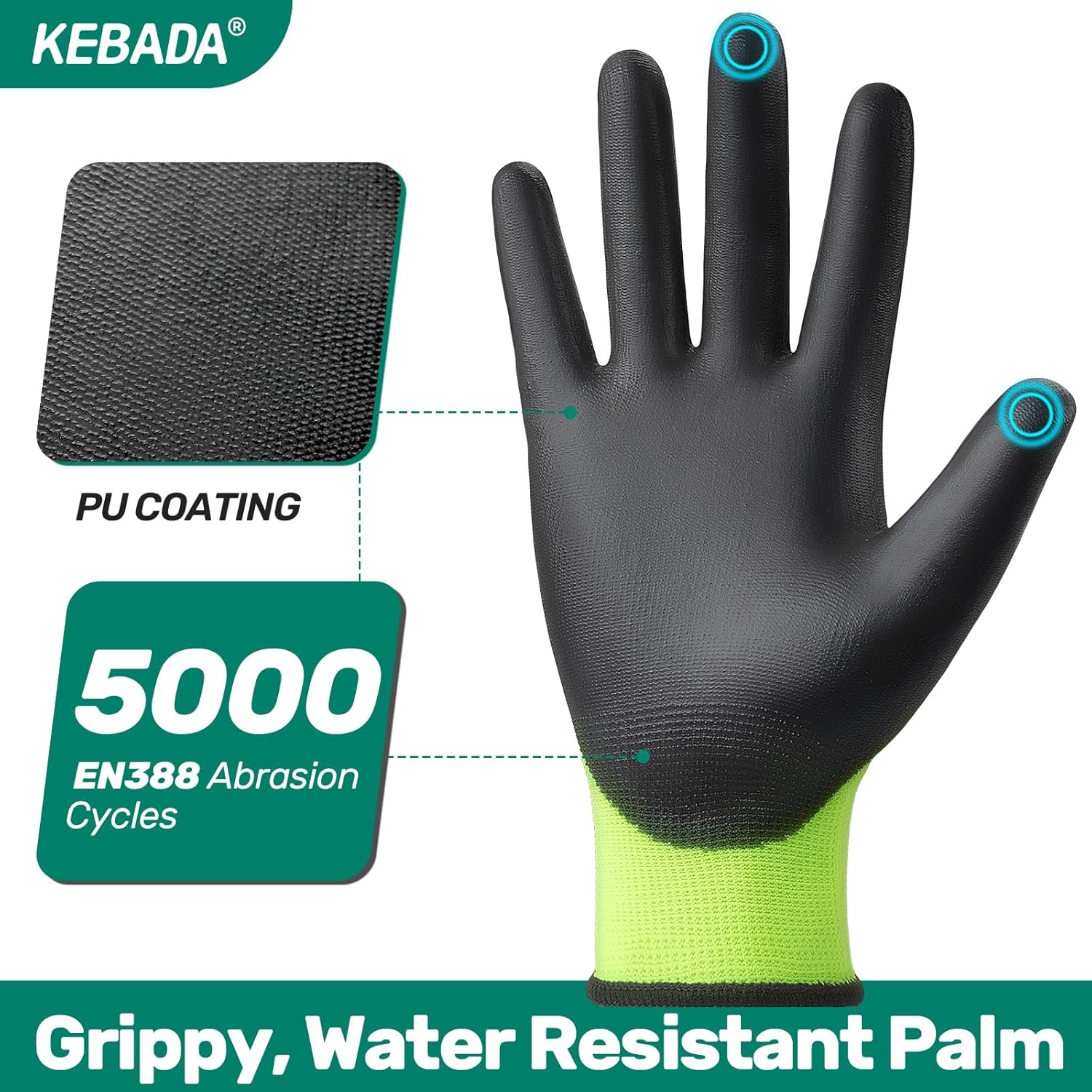Kebada W1 Work Gloves for Men and Women, PU Coated Safety Gloves with Grip, Touchscreen, Ideal for Warehouse Package Handling, Construction, Gardening, Green X-Large