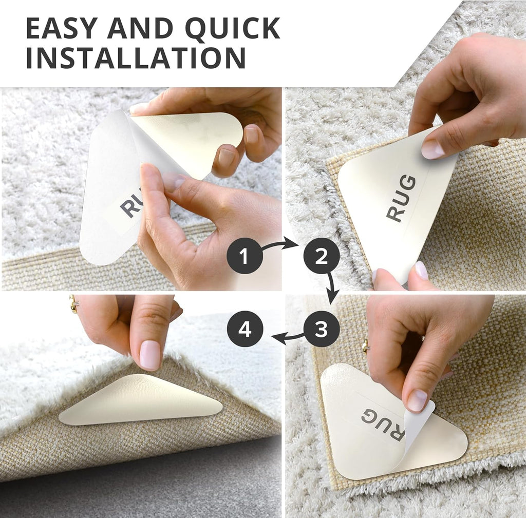 X-Protector Rug Tape for Carpet - 8 Pcs Set - White Anti-Slip & Anti-Curling Carpet Tape for Rugs - Premium Rug Pad Gripper - Ideal Carpet Corner Grippers to Keep Your Rugs & Make Corners Flat