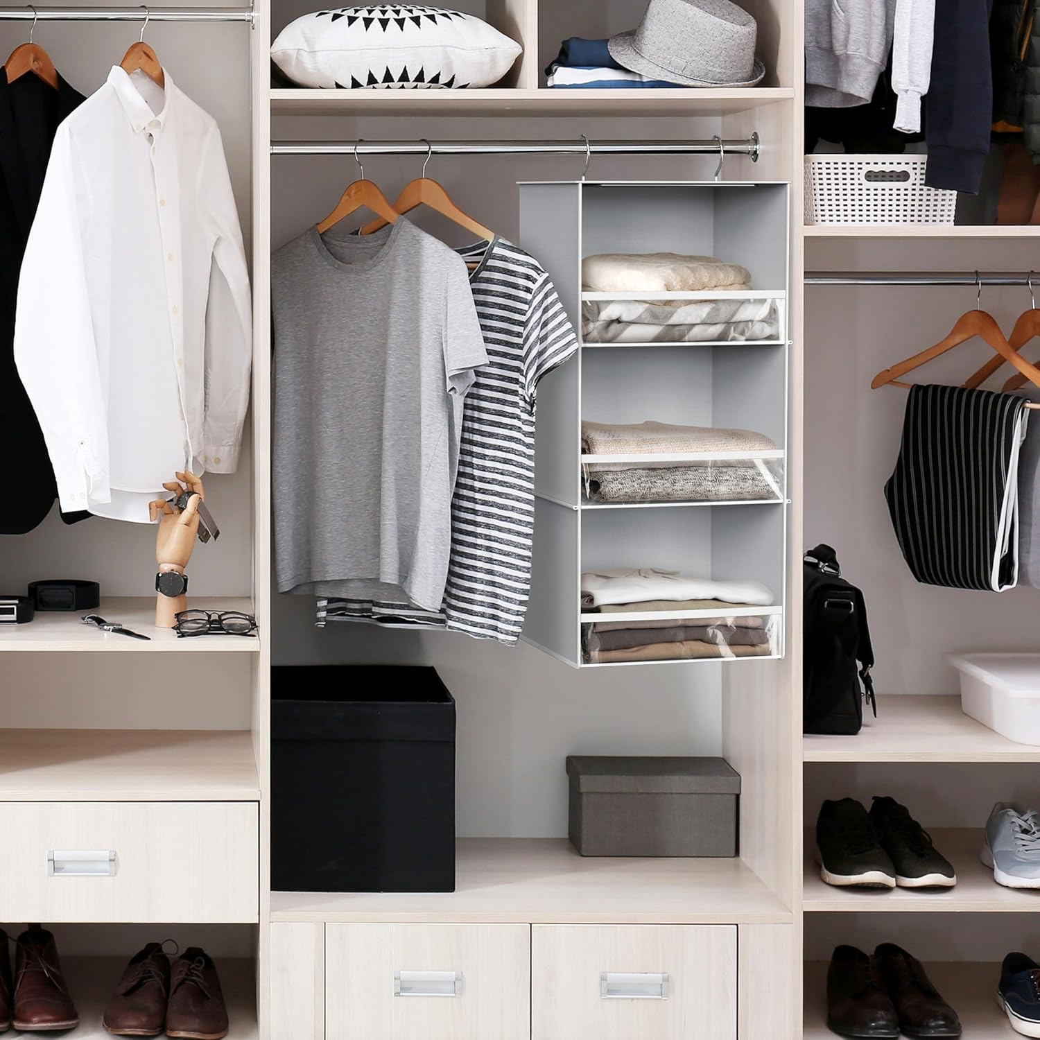 Simple Houseware 3 Shelf Hanging Closet Organizer with Front Stopper, Gray