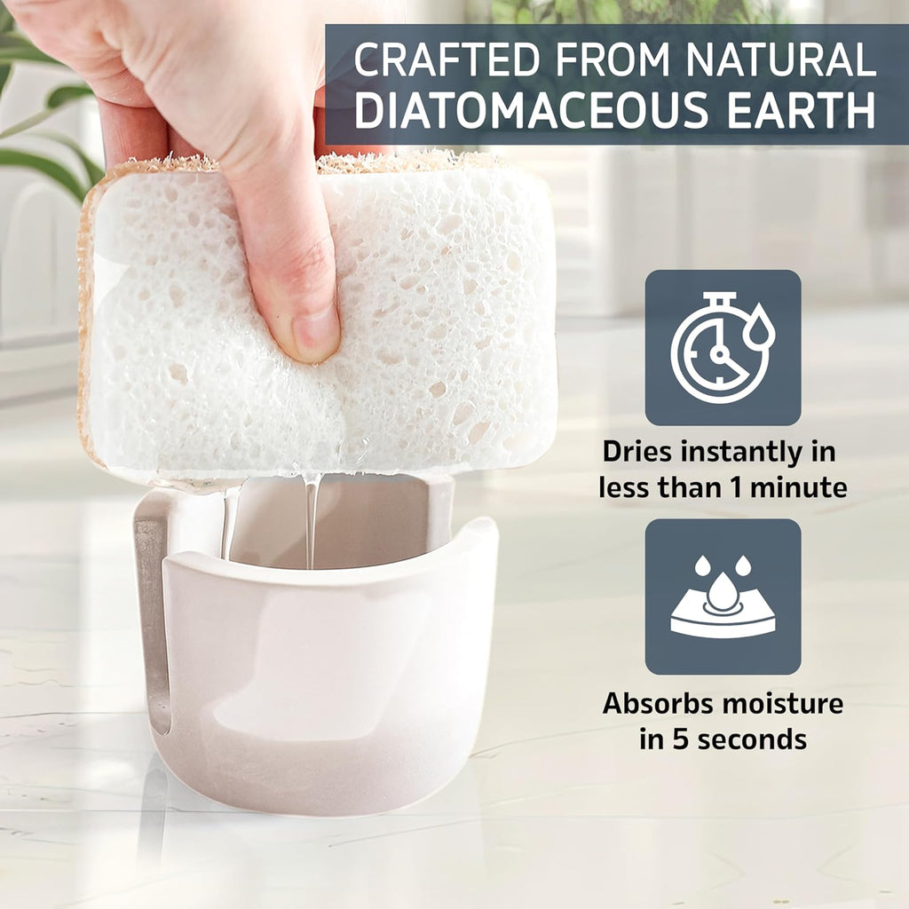 MOPHONICHOME Sponge Holder, Stone Sponge Holder for Kitchen Sink - Diatomite Kitchen Sink Caddy, Quick Dry, Super Absorbent, Modern Design, Cream