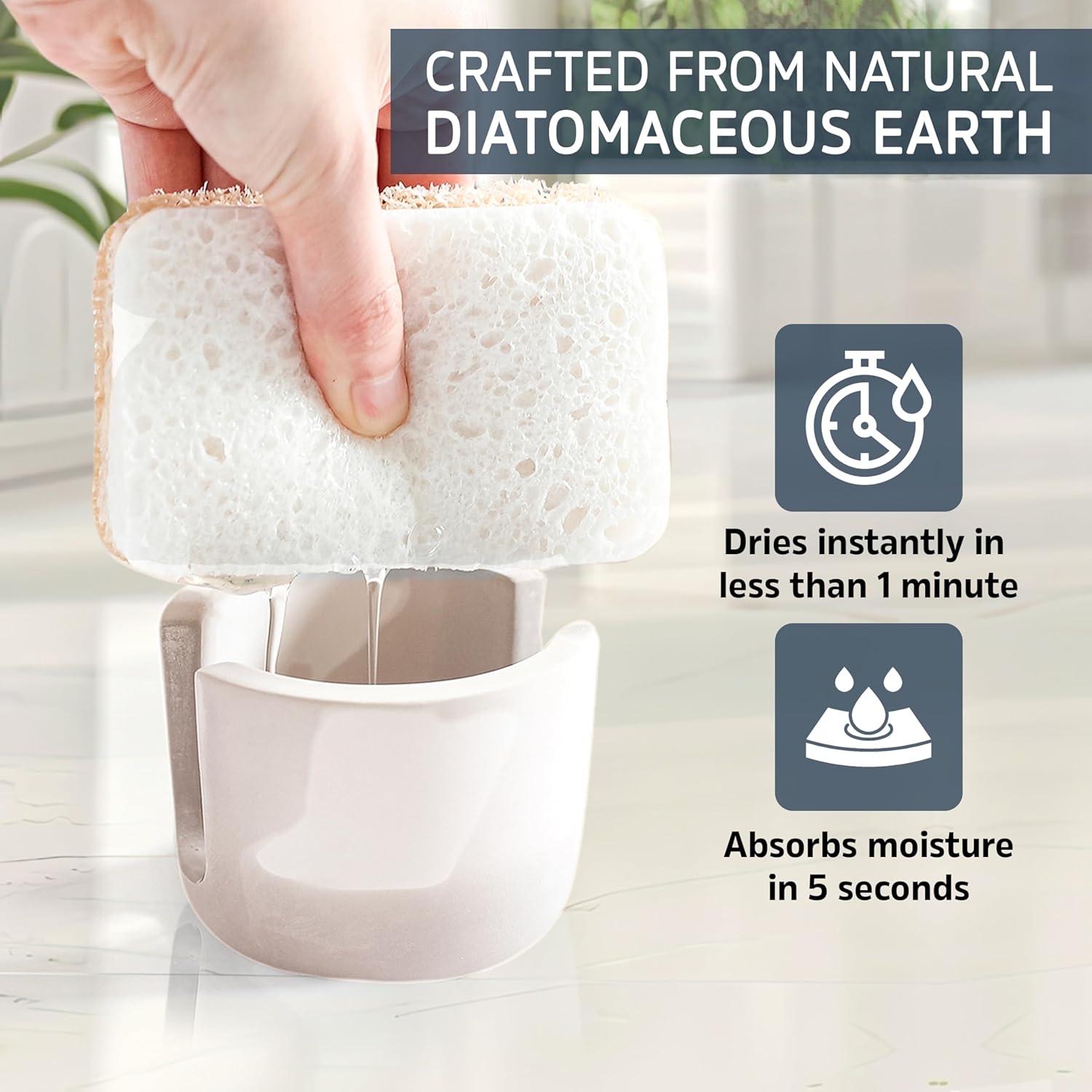 MOPHONICHOME Sponge Holder, Stone Sponge Holder for Kitchen Sink - Diatomite Kitchen Sink Caddy, Quick Dry, Super Absorbent, Modern Design, Cream