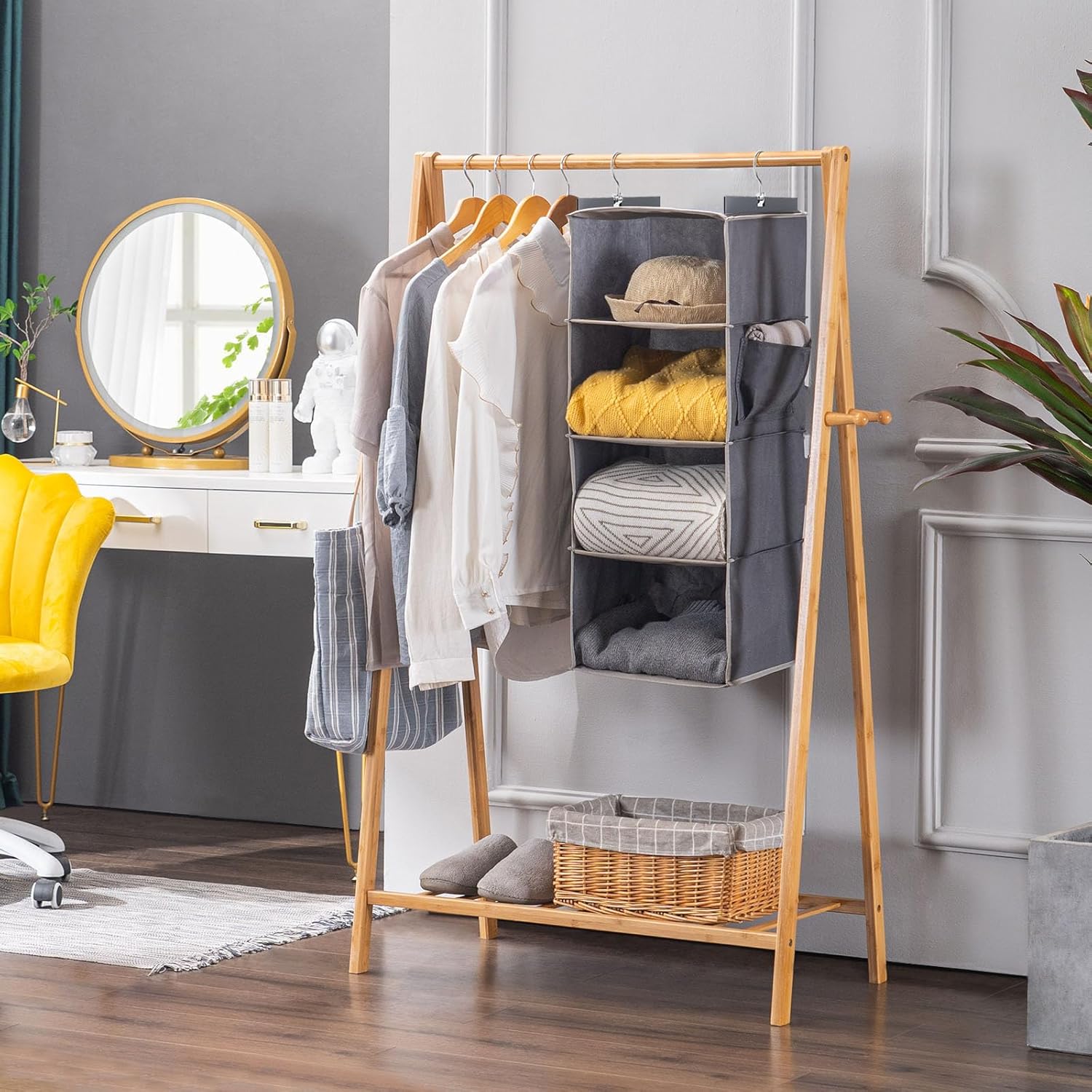 YOUDENOVA Hanging Closet Organizer, 4-Shelf Closet Hanging Storage Shelves, Grey