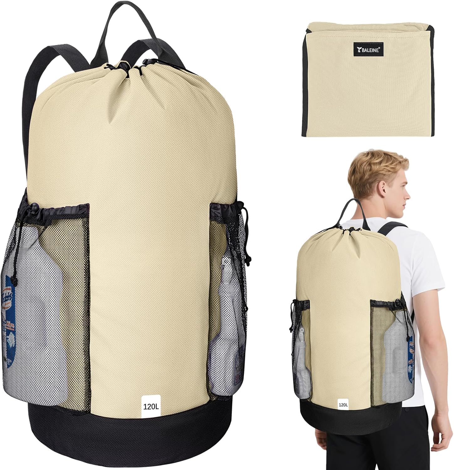 BALEINE 120L Laundry Bag Backpack, 900D Oxford Fabric Large Travel Laundry Bags with Shoulder Straps and 2 Mesh Pockets for College Dorm, Apartment, Laundromat (Beige, 120L)