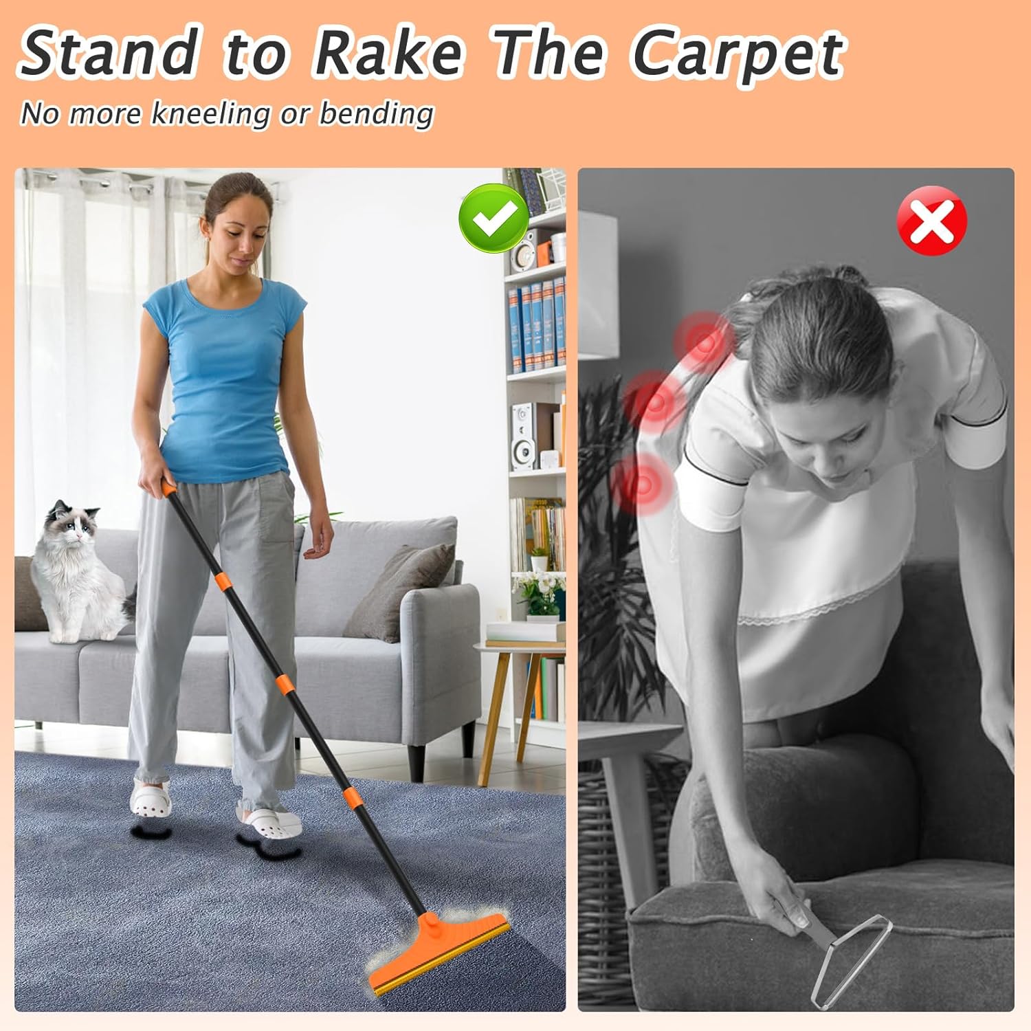 Carpet Rake for Pet Hair Removal - Reusable Pet Hair Remover, 60” Adjustable Long Handle Cat Dog Carpet Rake Scraper, Dog Hair Rake Brush for Rugs, Mats, Couch