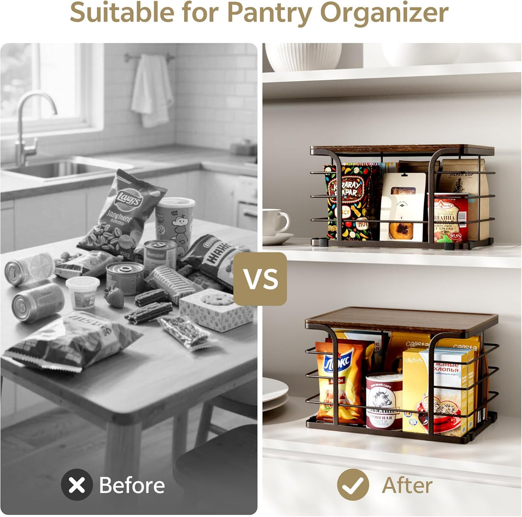 2 Pack Extra Large Pantry Baskets with Bamboo Top,Stainless Steel Trash Bag Dispenser for Kitchen Sink and Laundry Room Organization,Brown