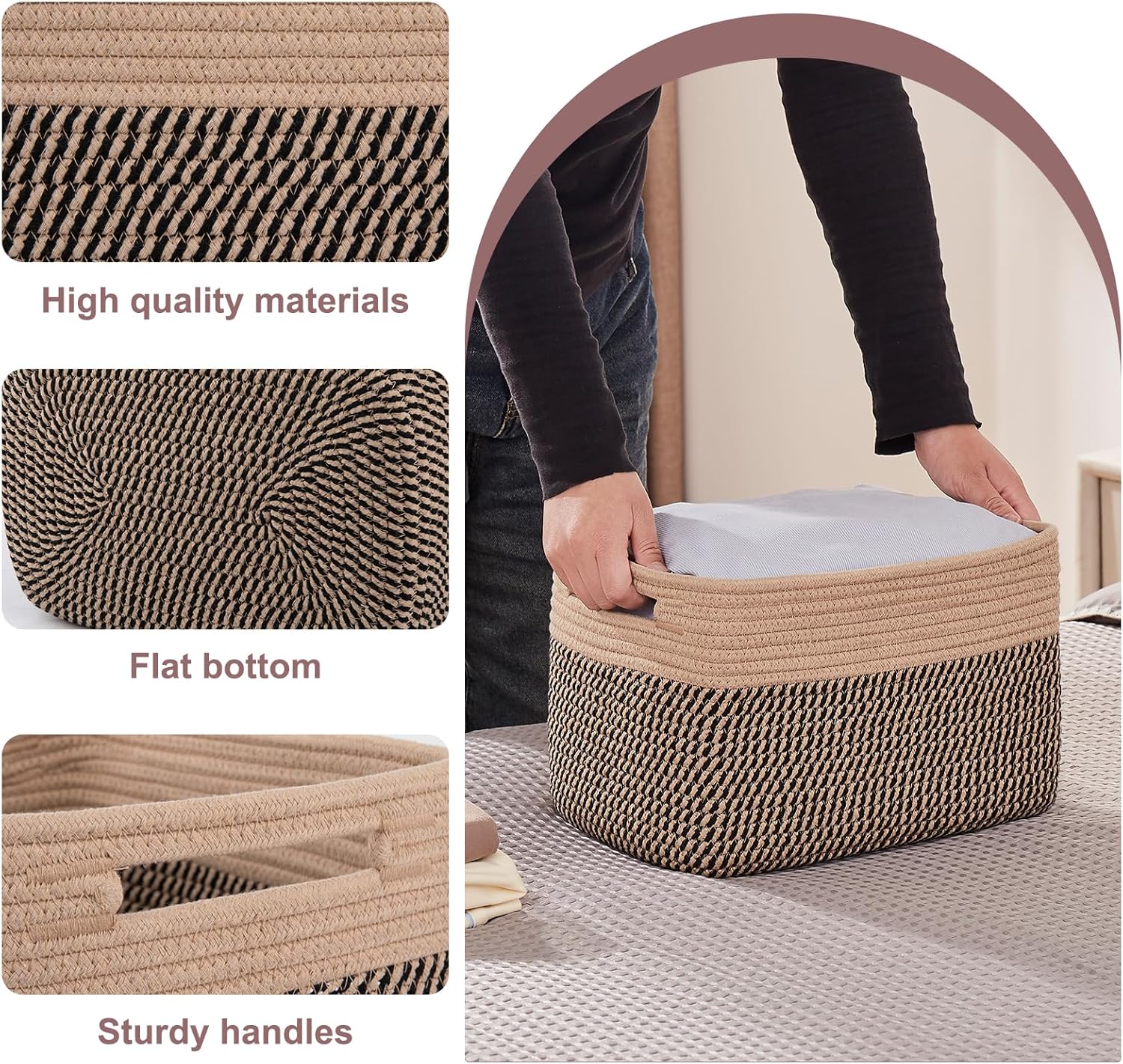 OIAHOMY 4 Pack Storage Baskets for Organizing, Basket for Shelves with Handle, Woven Baskets for Storage Toys, Towels, Books, Cotton Rope Basket 13" L x 9 " W x 7.8 " H, Brown & Black
