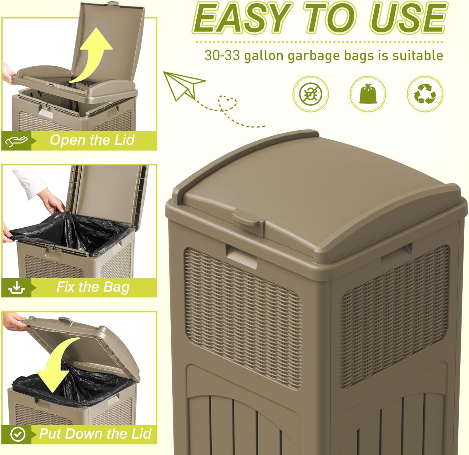 Greesum 33 Gallon Resin Outdoor Trash Can with Lid, Waterproof Resin Garbage Bin for Hideaway, Patio, Deck, 3 Pack, Light Brown