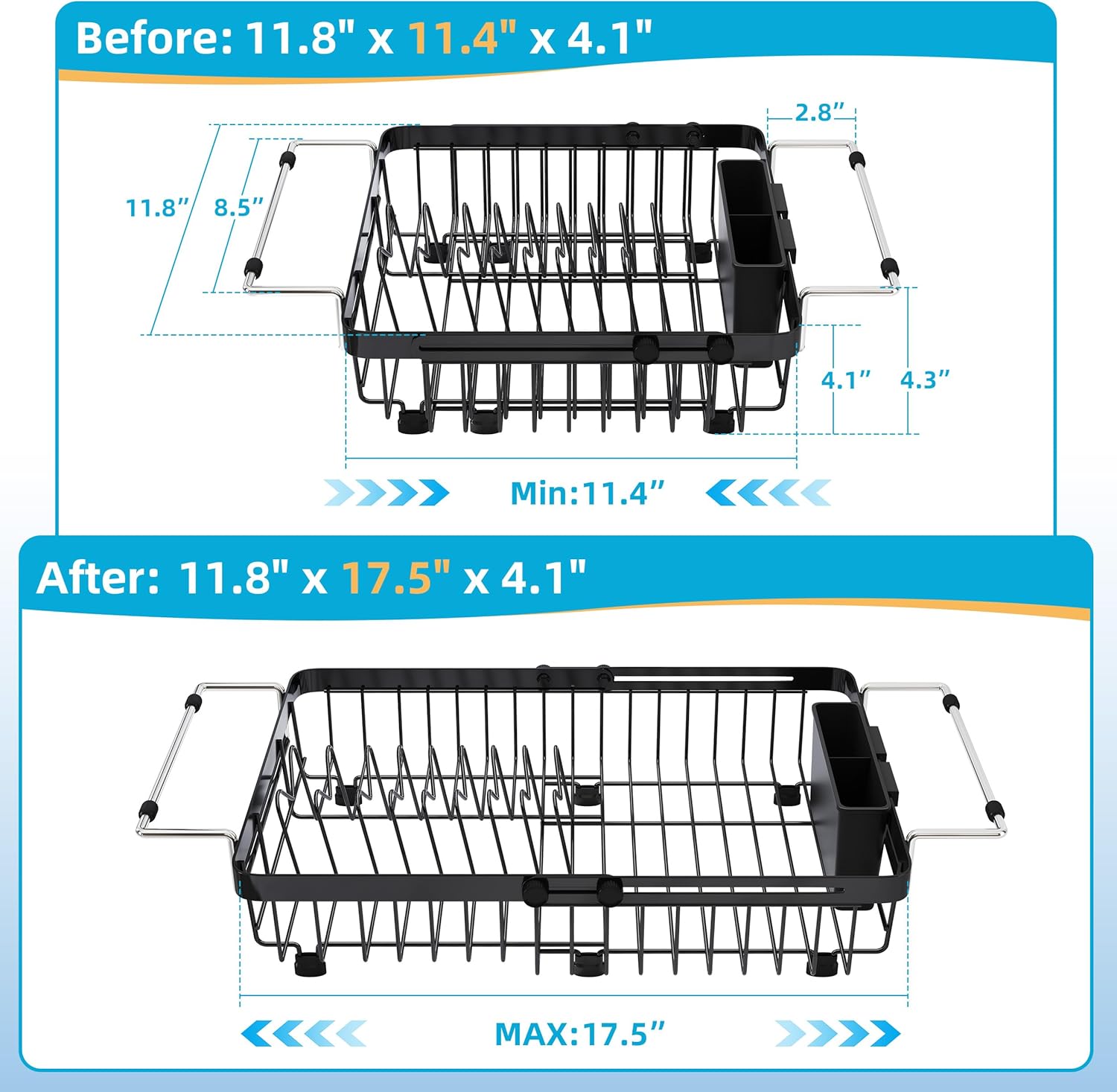 romision Expandable Dish Drying Rack Over The Sink Small Metal Stainless Steel Plate Holder for Compact Kitchen, Space Saving Modern Black Hanging Drainer