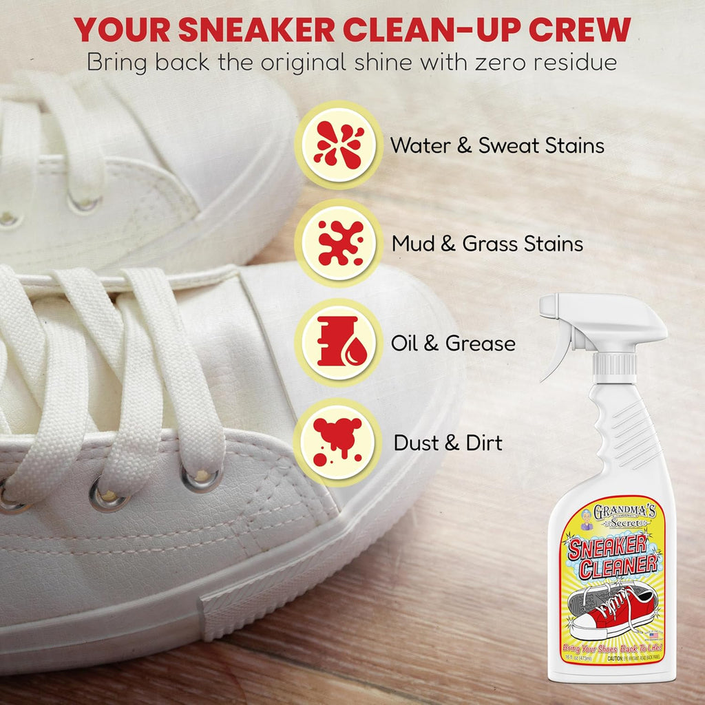 Grandma's Secret Sneaker Cleaner - Shoe Cleaner for Rubber, Canvas and Leather - Stain Remover Spray Removes Dirt, Grime and Grass - Sneakers Cleaner for Outdoor Shoes, Slippers and Moccasins – 16 oz