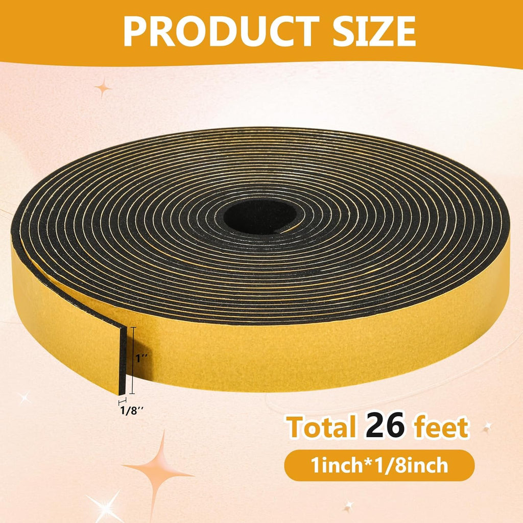 26Feet Weather Stripping Seal (1 Inch X 1/8 Inch) for Door Window, High Density Foam Tape, Soundproofing, Insulation Strip, Door Sealers for Door Frame- Black