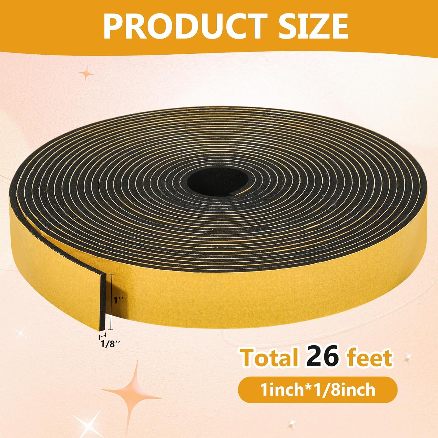 26Feet Weather Stripping Seal (1 Inch X 1/8 Inch) for Door Window, High Density Foam Tape, Soundproofing, Insulation Strip, Door Sealers for Door Frame- Black
