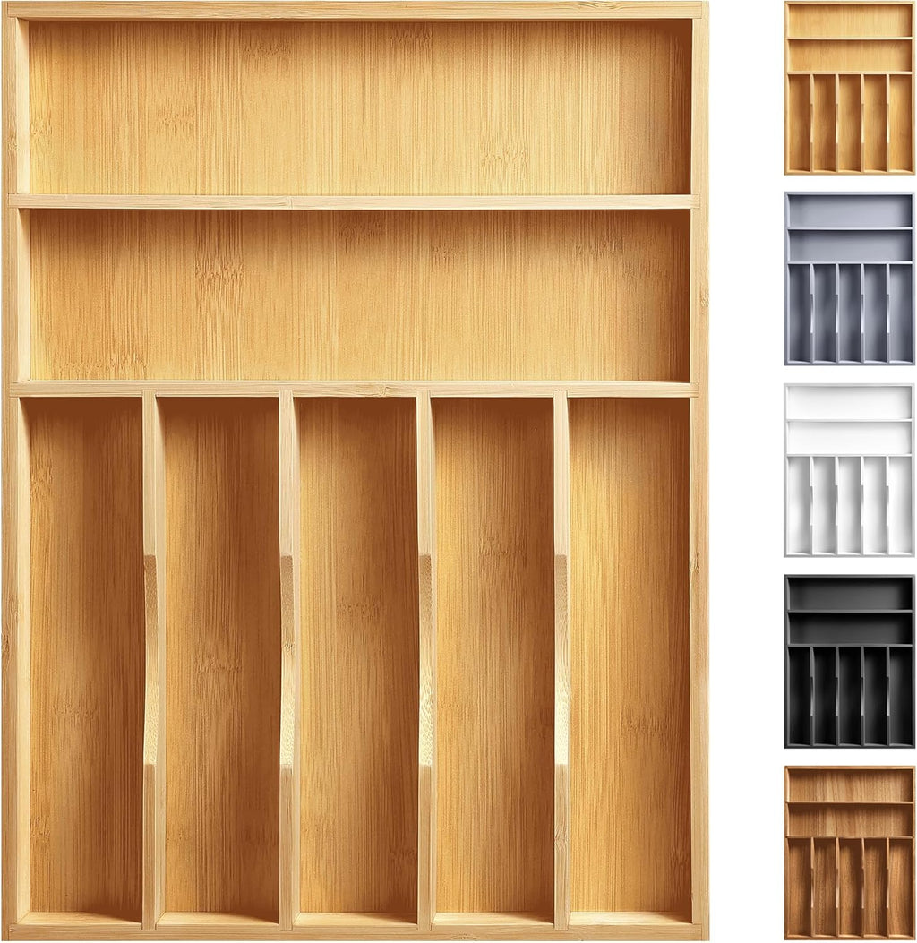 Kitchen Bamboo Silverware Organizer, Kitchen Drawer Organizer - Utensil Holder and Cutlery Tray with Grooved Drawer Dividers for Flatware 7 Slot, Natural