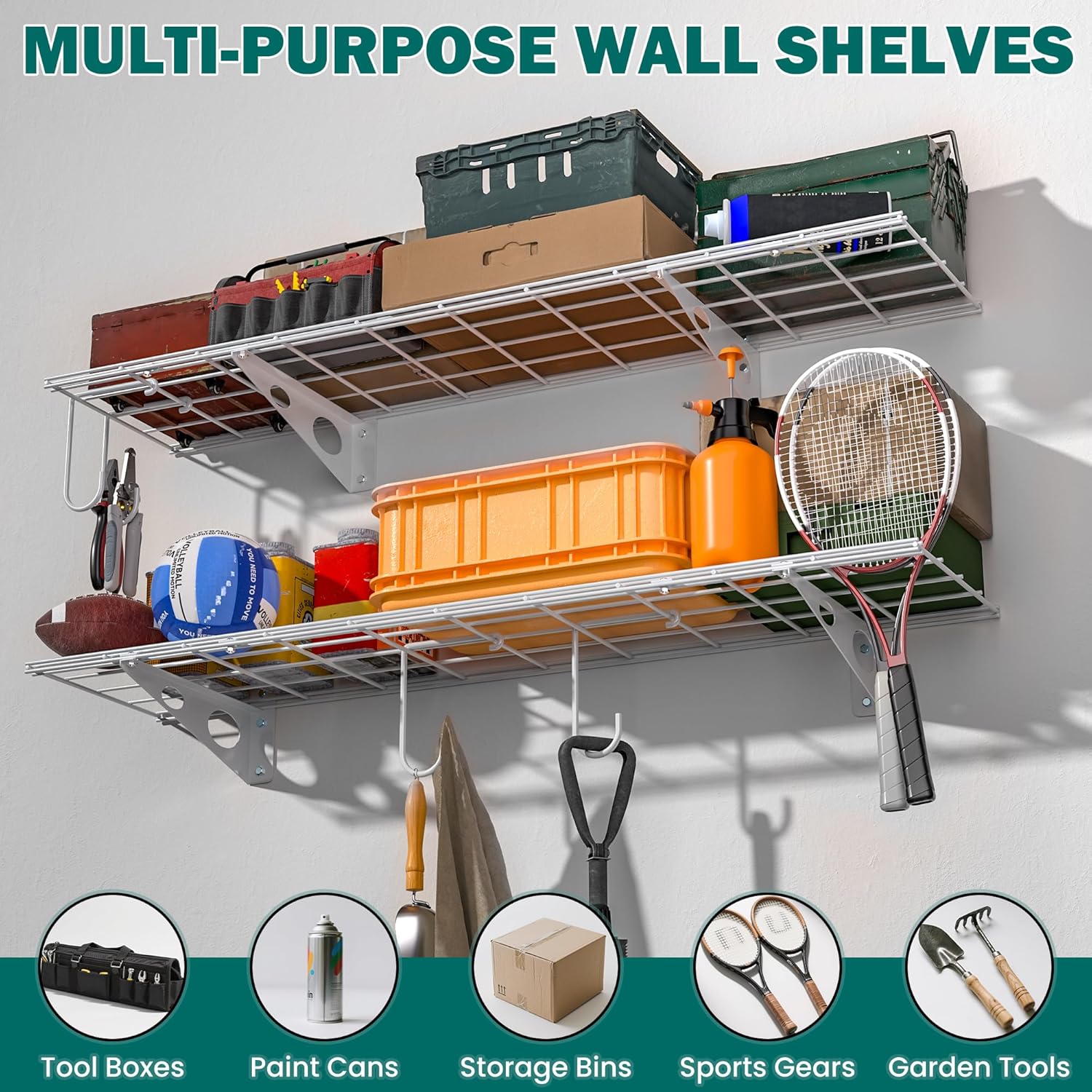 EVERHANGER Garage Wall Shelves, 12 X 48 Inch Wall Mounted Storage Shelves, Heavy Duty Metal Shelving with Hooks, 2 Pack, White