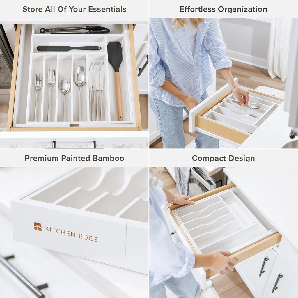 KitchenEdge Premium Silverware, Flatware and Utensil Organizer for Kitchen Drawers, Food-Safe Contract Grade, Expandable from 14.5 to 25 In, White Bamboo