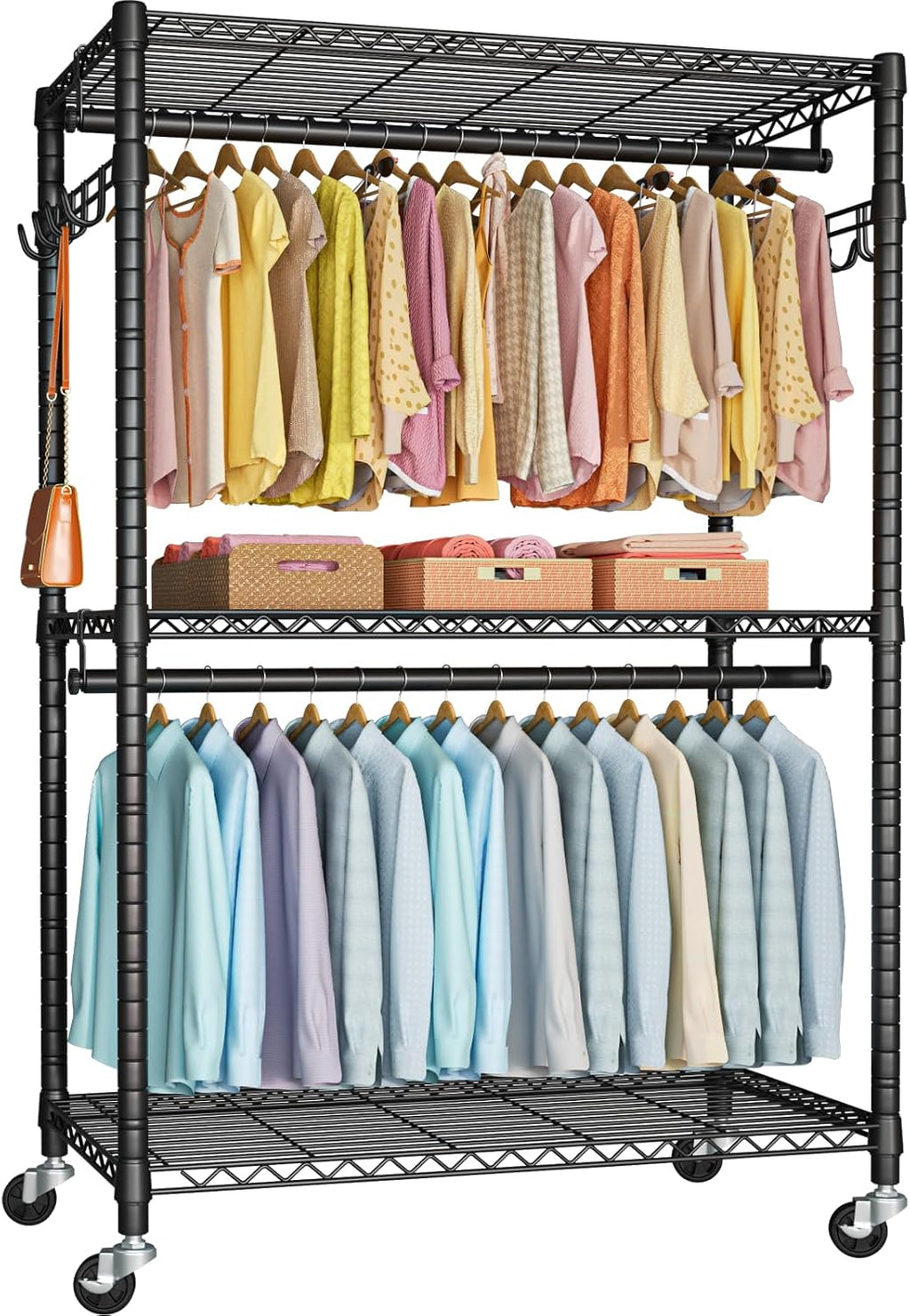 FUTASSI P1 Plus Rolling Clothes Rack, 22mm Diameter Heavy Duty Garment Rack with Wheels, Portable Closet Wardrobe with Double Rods, 45" W x 17.7" D x 80.5" H, Max Load 524 LBS, Black