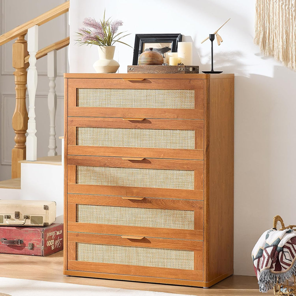 LEYAOYAO Dresser for Bedroom, 41" Tall Chest of Drawers, Modern 5 Drawers Boho Rattan Dressers with Storage, Dresser Wooden Closet Organizer for Living Room, Hallway, Tea Brown