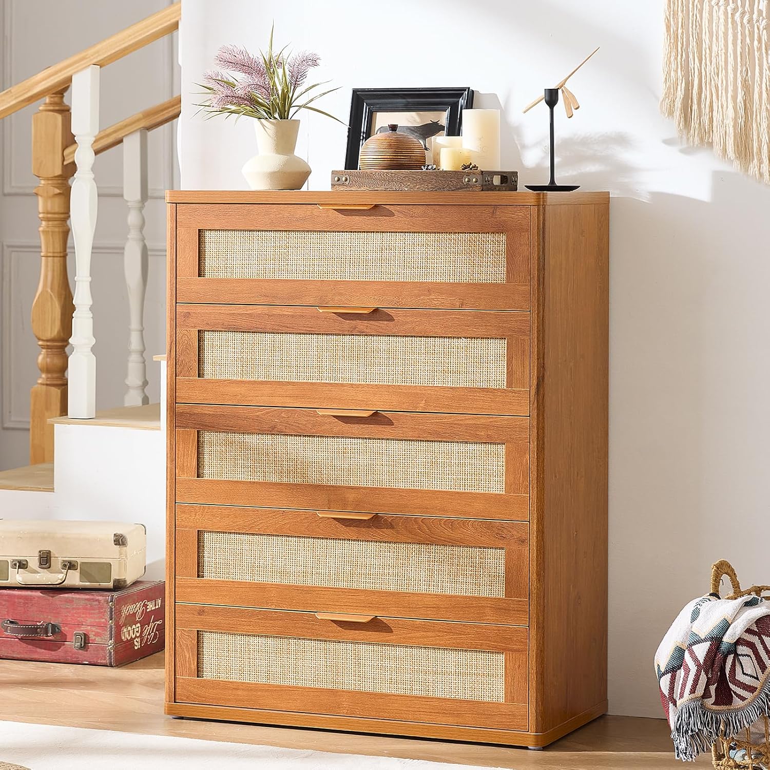 LEYAOYAO Rattan Dresser for Bedroom Set 2, 41" Tall Chest of Drawers, Modern 5 Drawers Boho Dressers with Storage, Light Oak Dresser Wooden Closet Organizer for Living Room, Hallway, Tea Brown